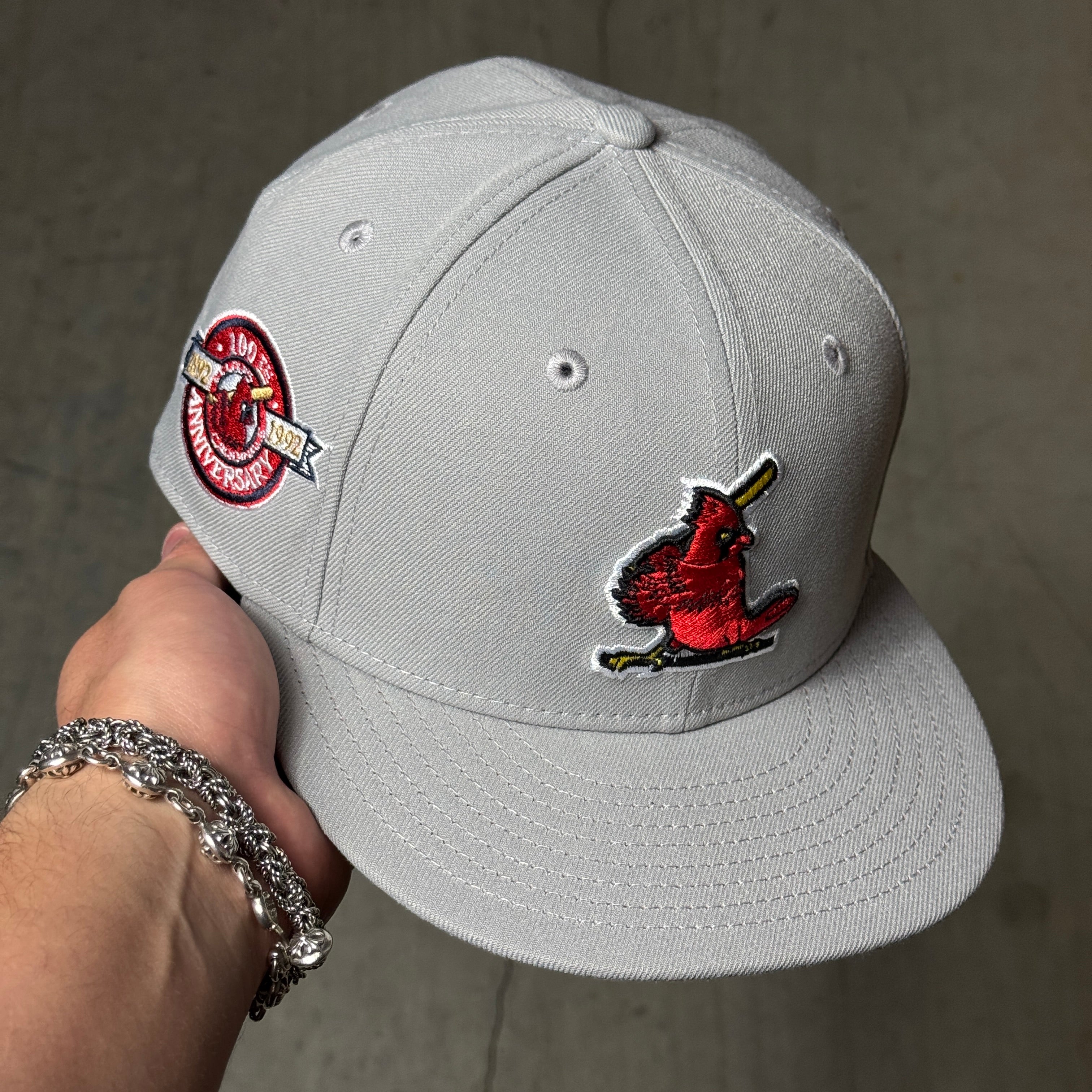 USED 3/8 Gray St. Louis Cardinals 100th Anniversary 59fifty New Era Fitted Hat Cap