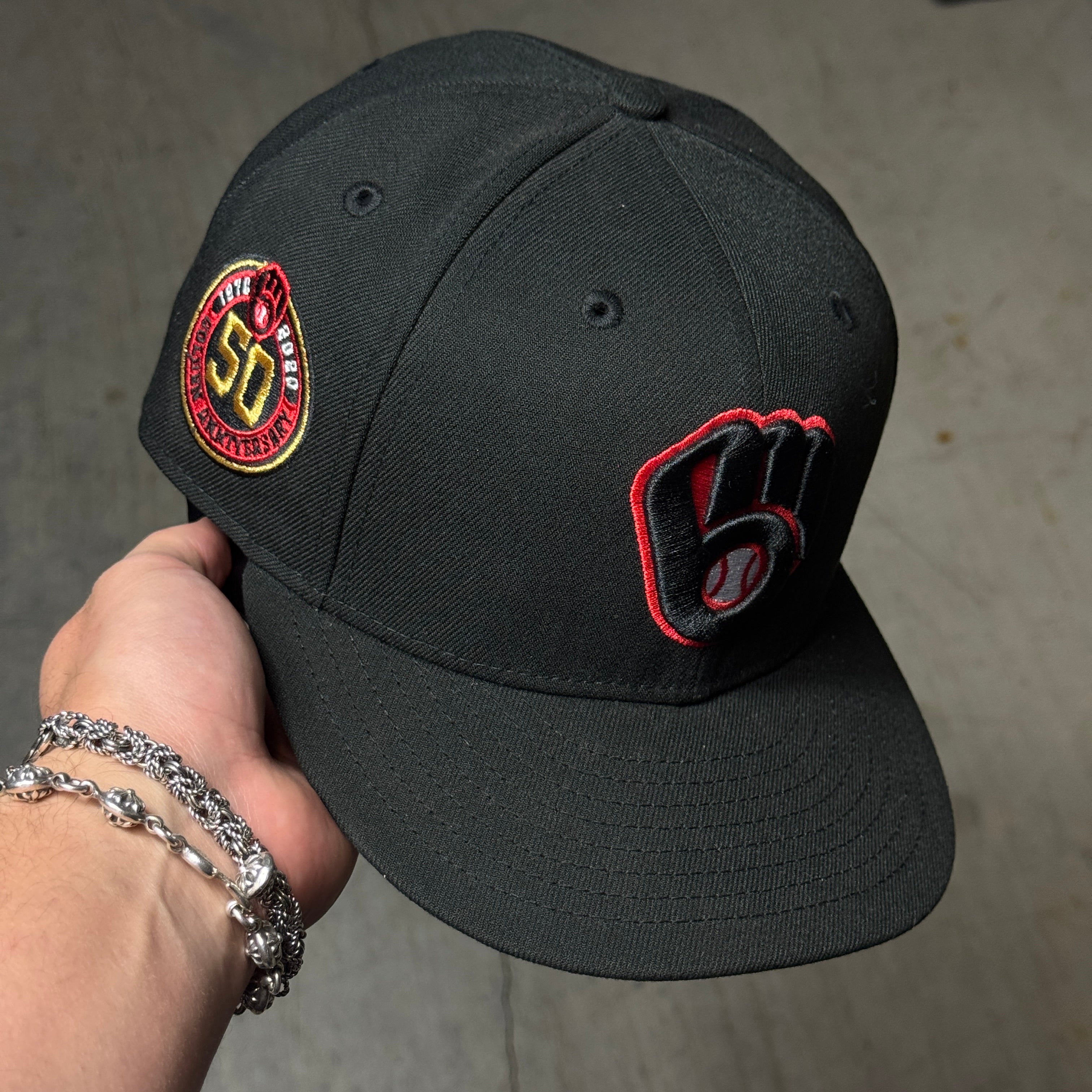 USED 1/2 Black Milwuakee Brewers 50th Anniversary 59fifty New Era Fitted Hat Cap