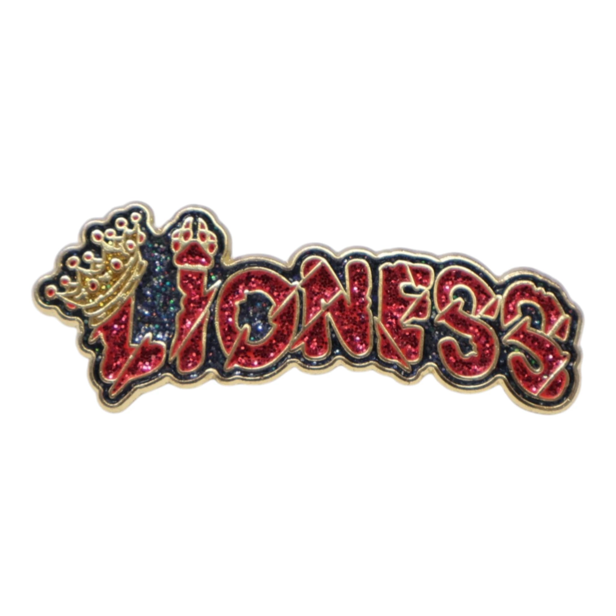 Red Text Lioness Script Pin