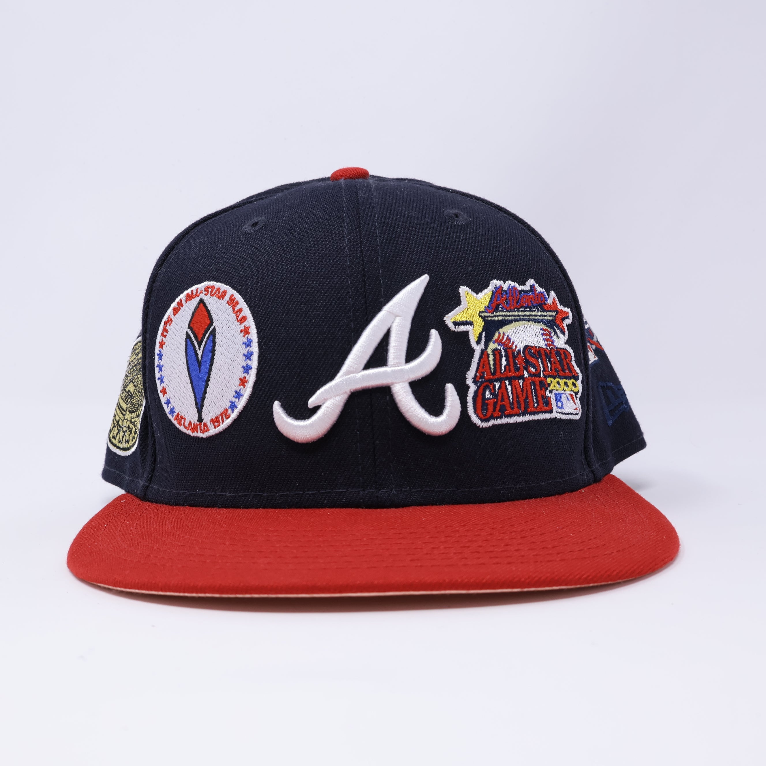 USED 3/8 Navy Atlanta Braves All Patches Logos 59fifty New Era Fitted Hat Cap