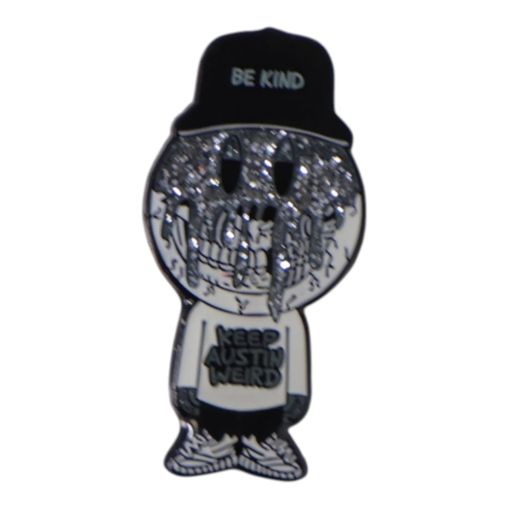 Gray Baseball Boy "Keep Austin Weird" Slogan Graphic Pin
