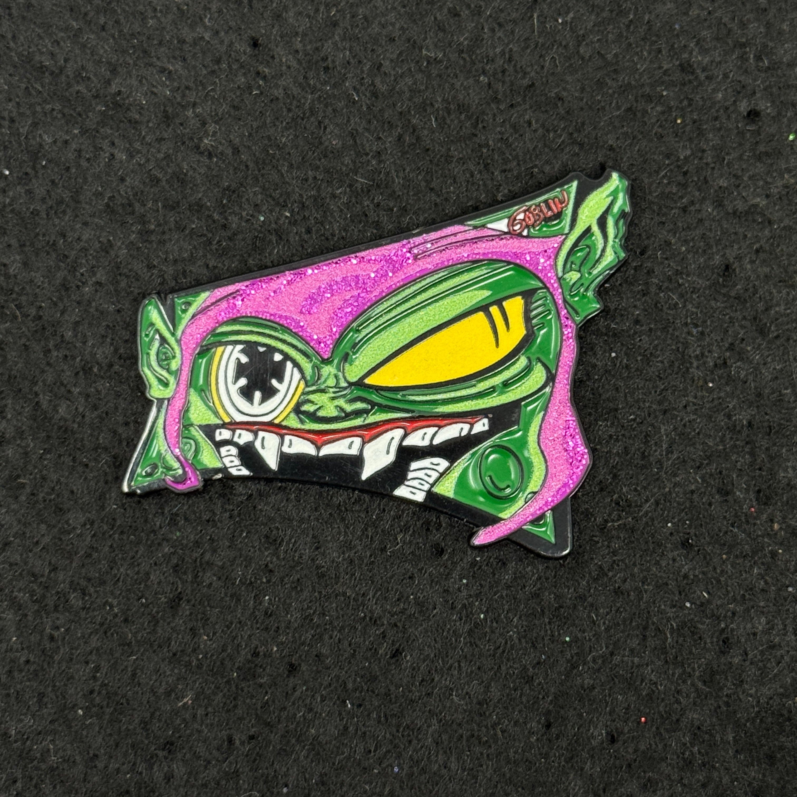 Umbrella Heights Green Goblin Black Backing Casette Tape Graphic Pin