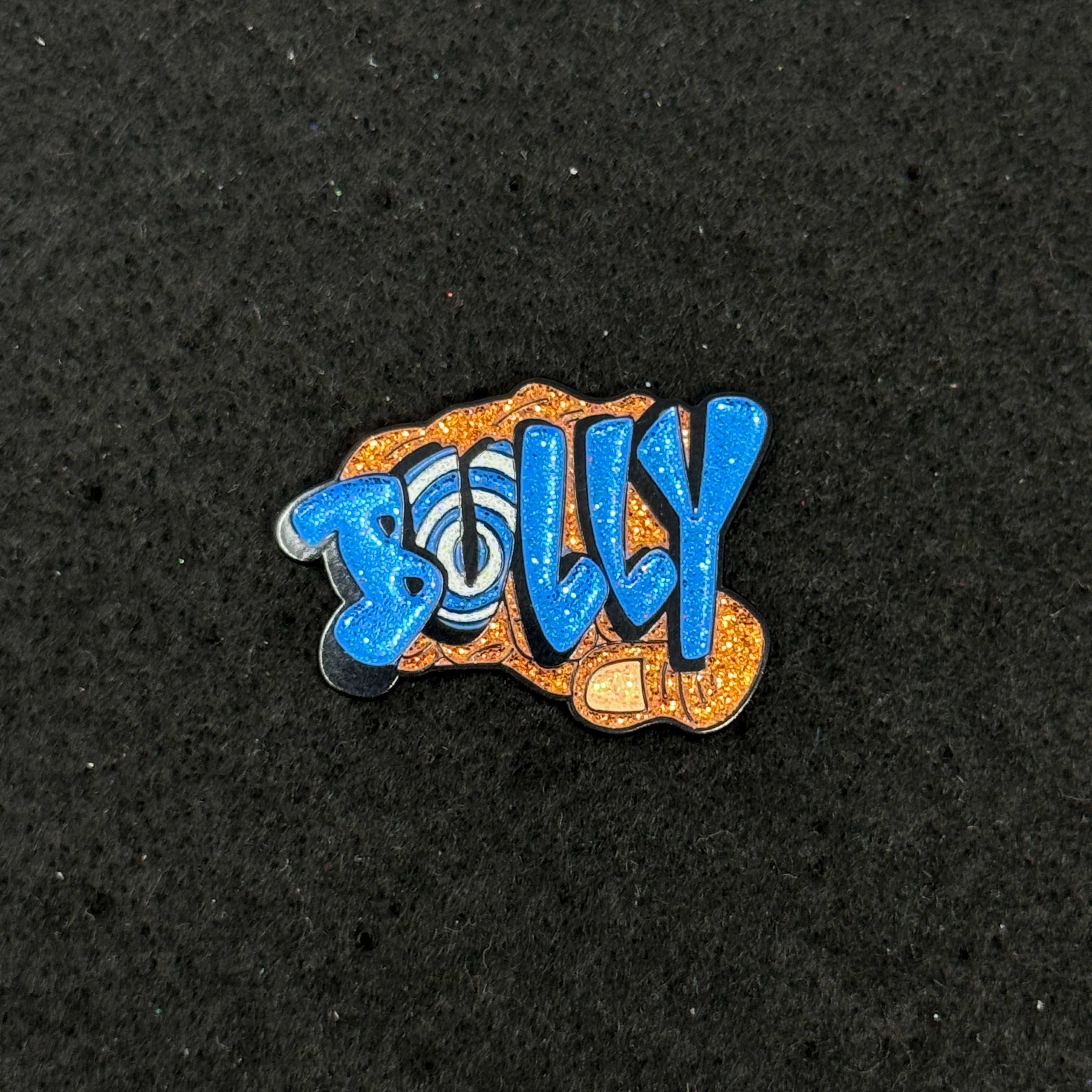 BULLY Orange Fist Blue Text Graphic Pin