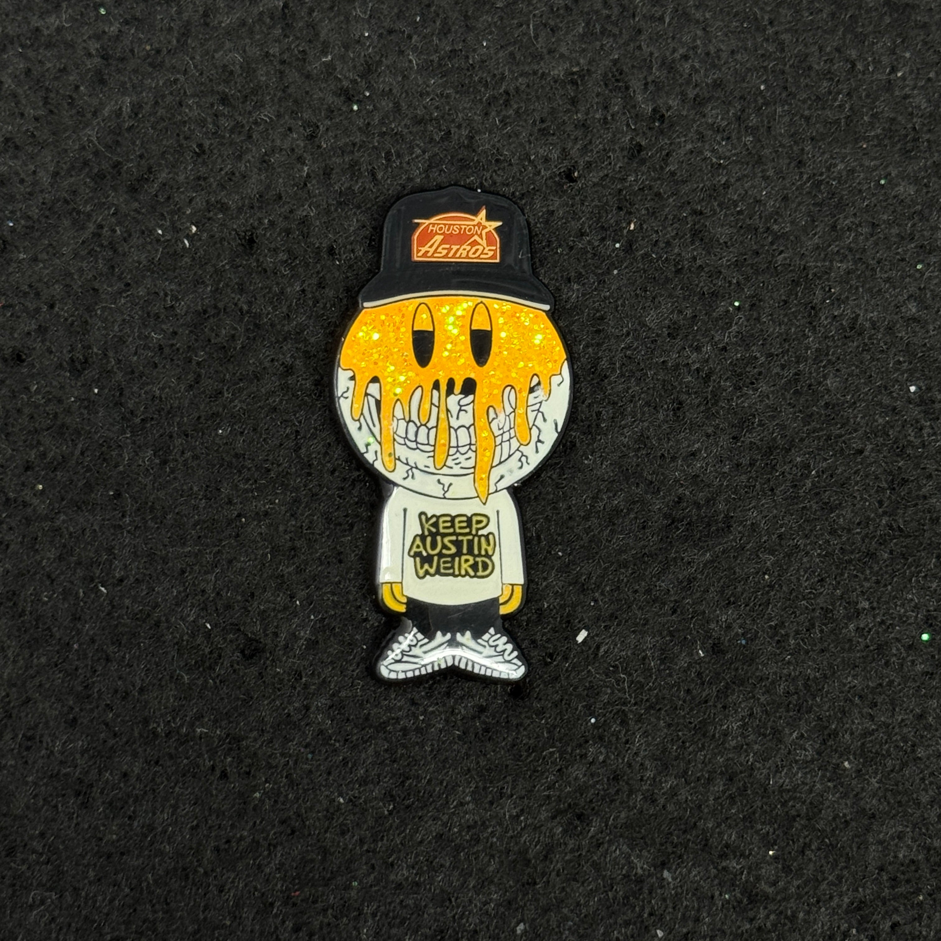 Orange Baseball Boy "Keep Austin Weird" Slogan Graphic Pin