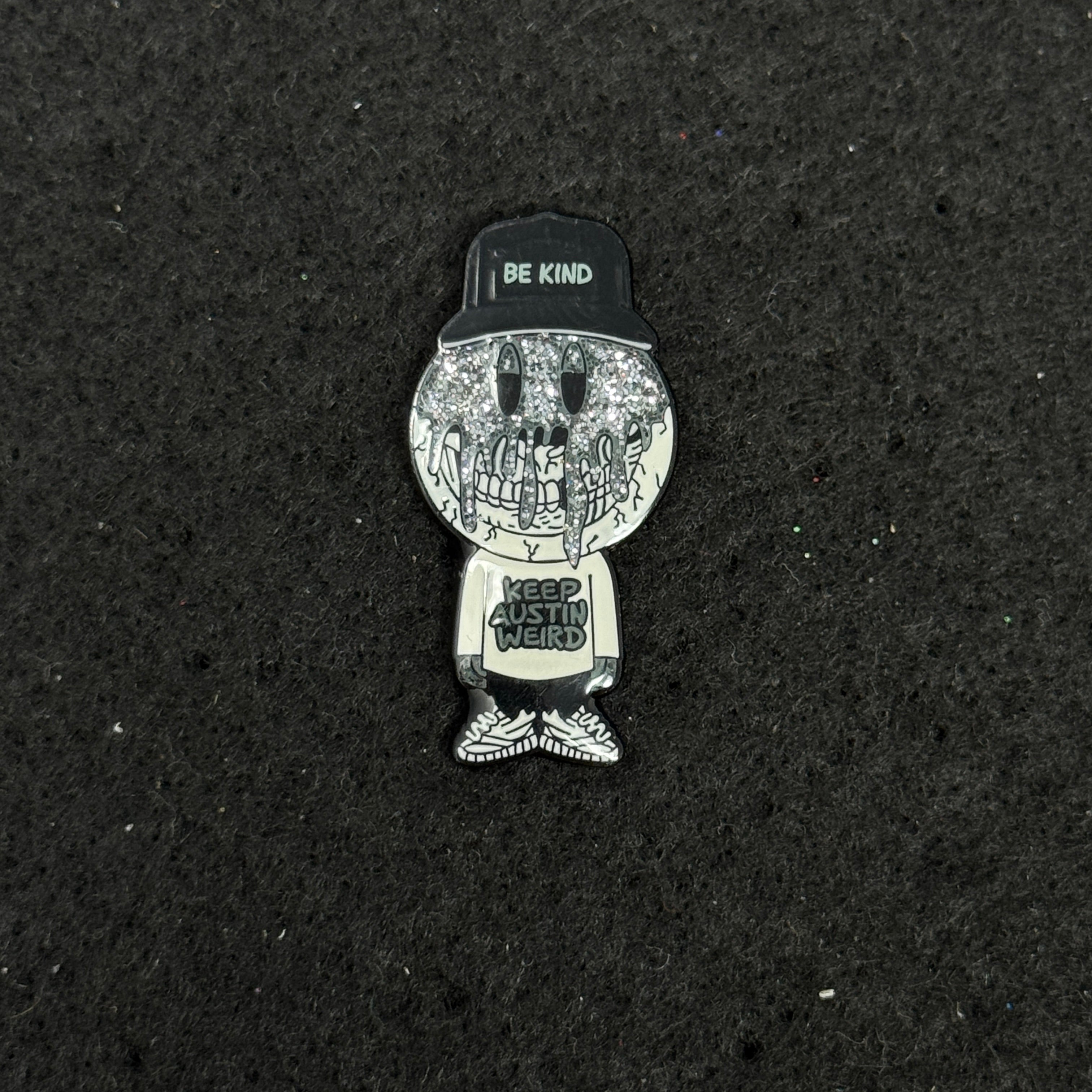 Gray Baseball Boy "Keep Austin Weird" Slogan Graphic Pin