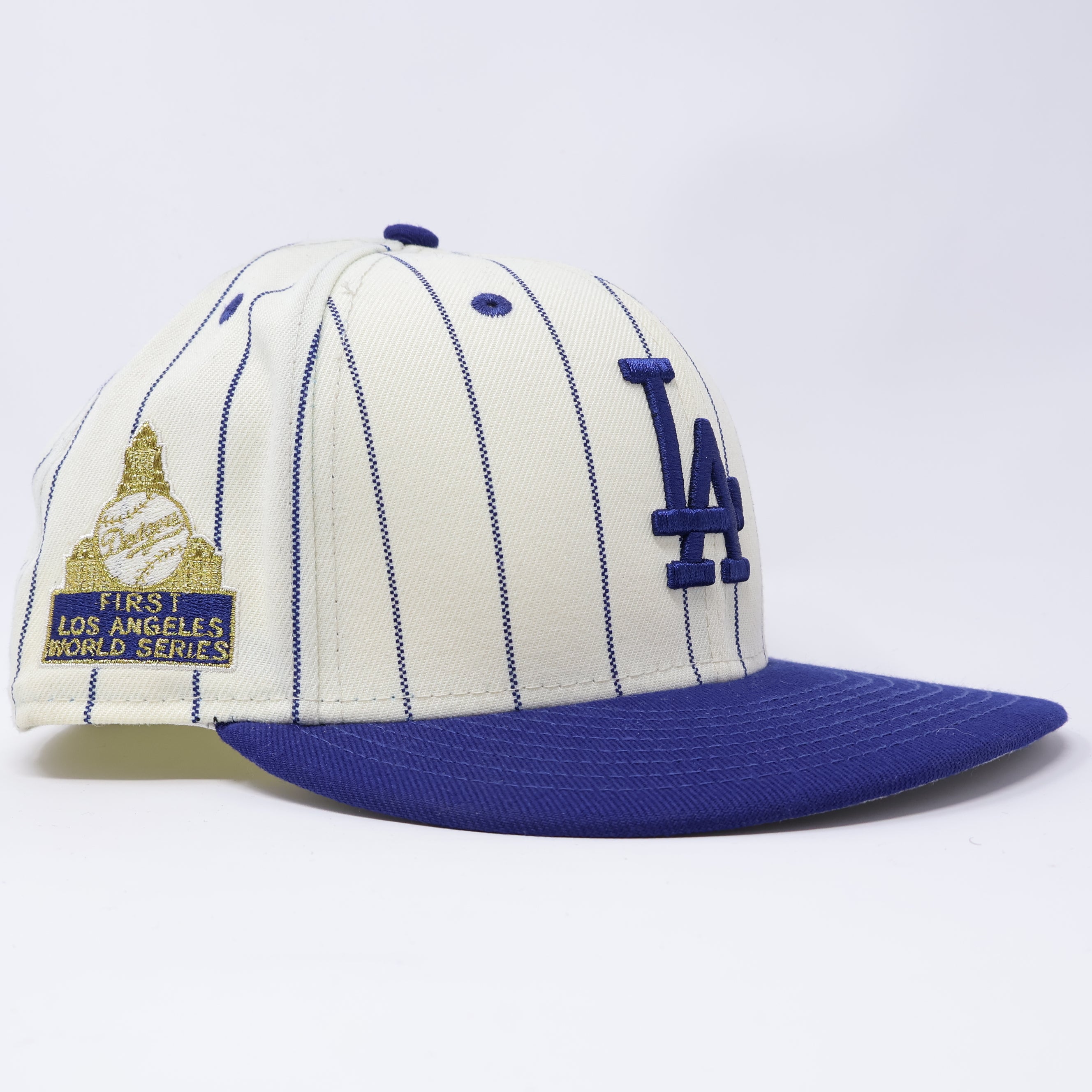 USED 1/2 Pinstripe Los Angeles Dodgers First World Series 59fifty New Era Fitted Hat Cap