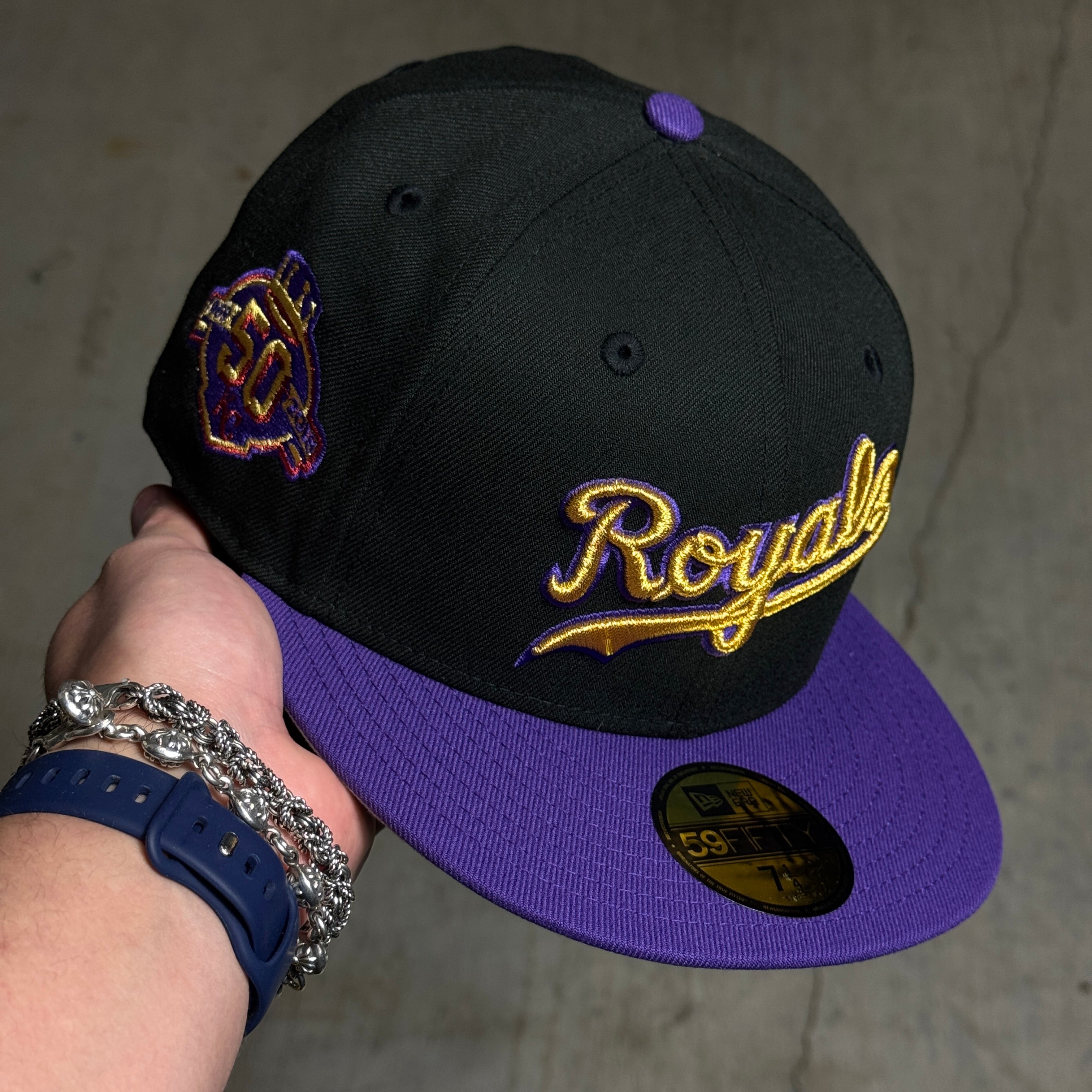 NWT 1/4 Black Kansas City Royals 50th Anniversary 59fifty New Era Fitted Hat Cap