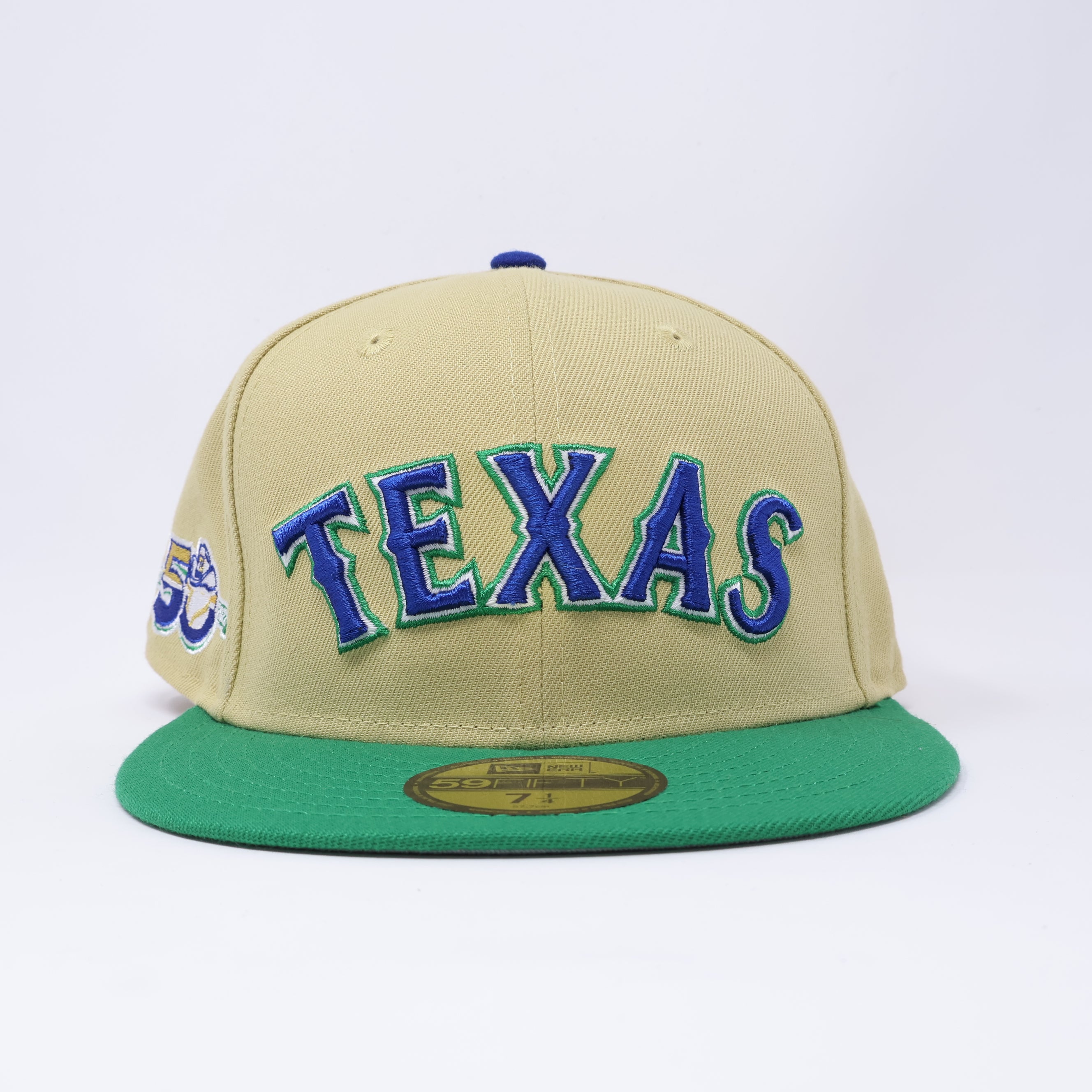 NWT 1/4 Khaki Dallas Texas Rangers 50th Anniversary 59fifty New Era Fitted Hat Cap