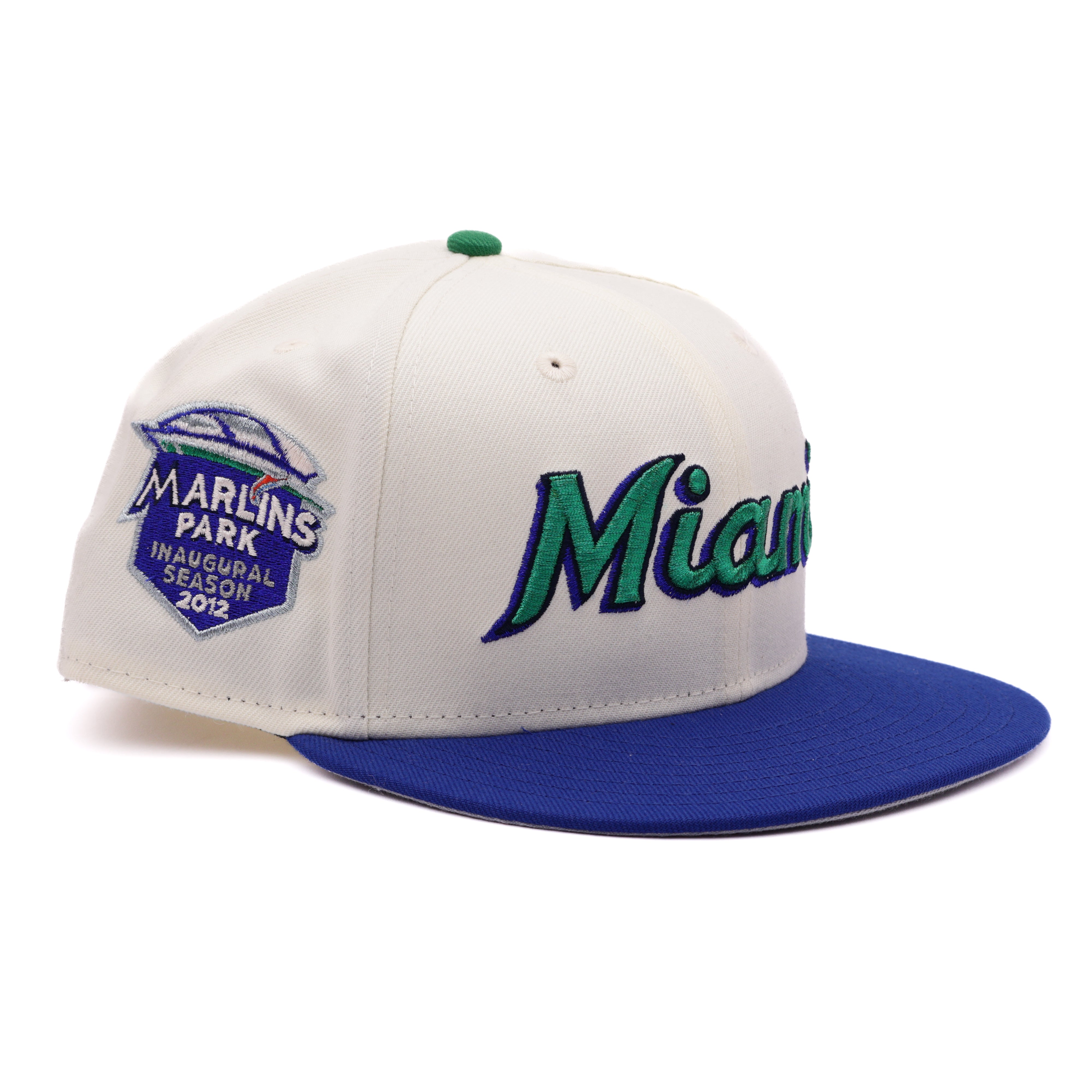 USED 5/8 Chrome Miami Marlins 2012 Inaugural 59fifty New Era Fitted Hat Cap