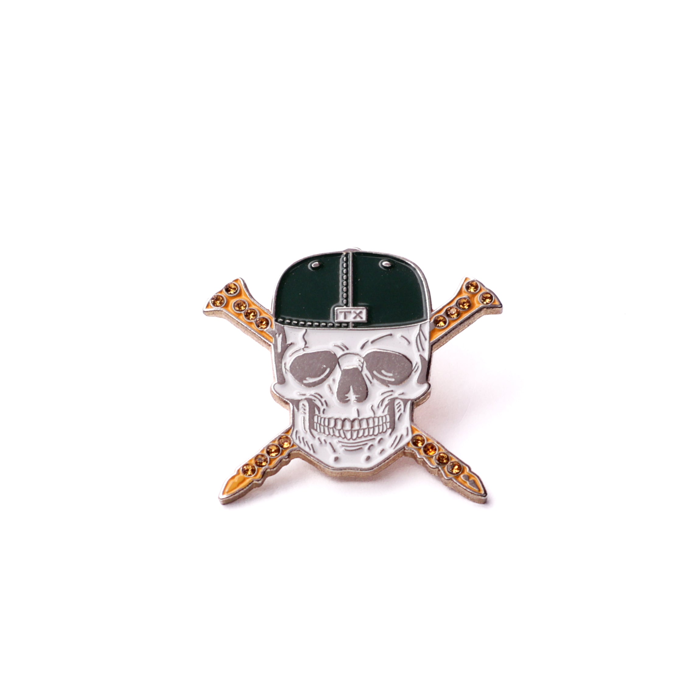 TXFitted Skull Screws Green Cap Yellow Screws White Rhinestones Graphic Pin