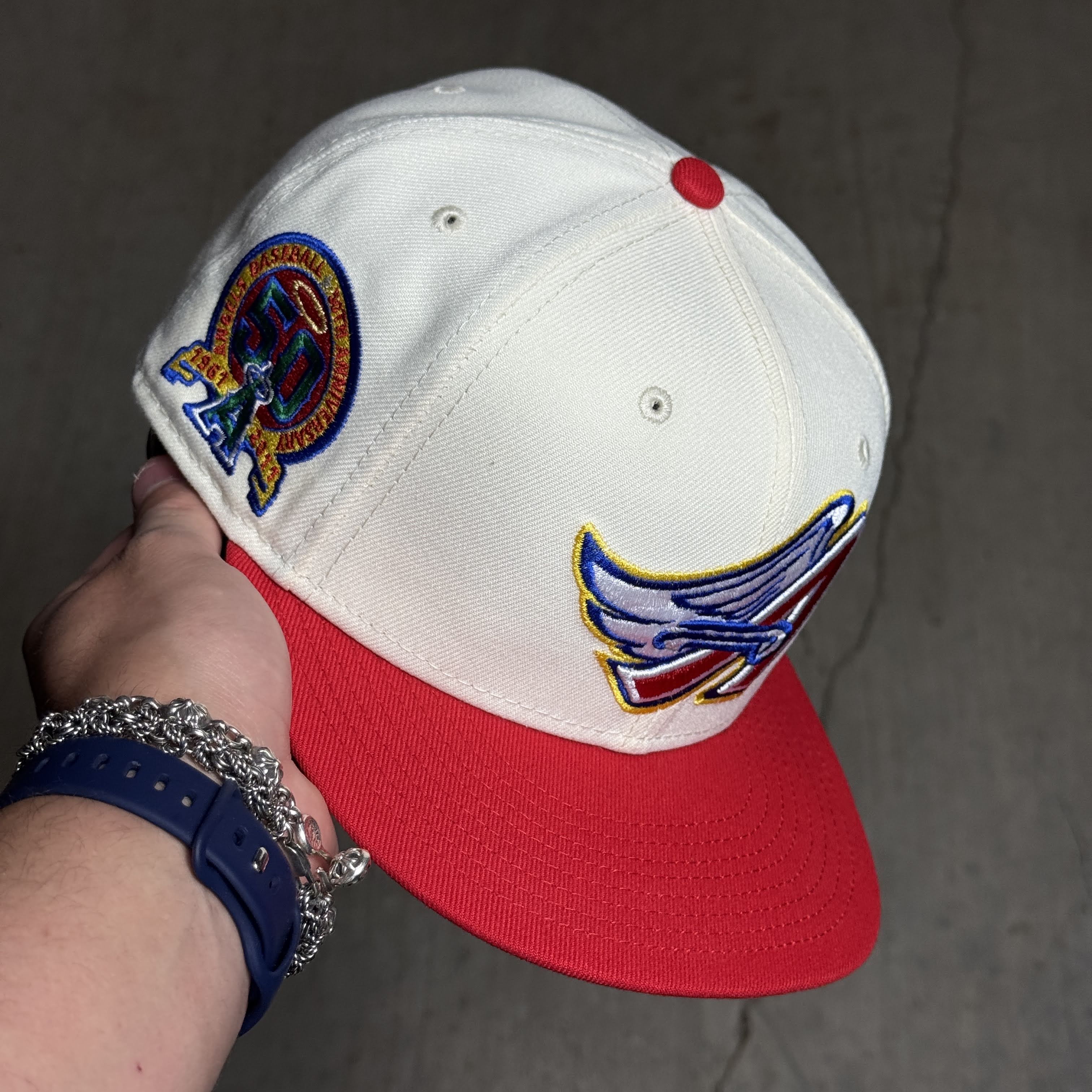USED 3/8 Chrome Los Angeles Angels 50th Anniversary 59fifty New Era Fitted Hat Cap