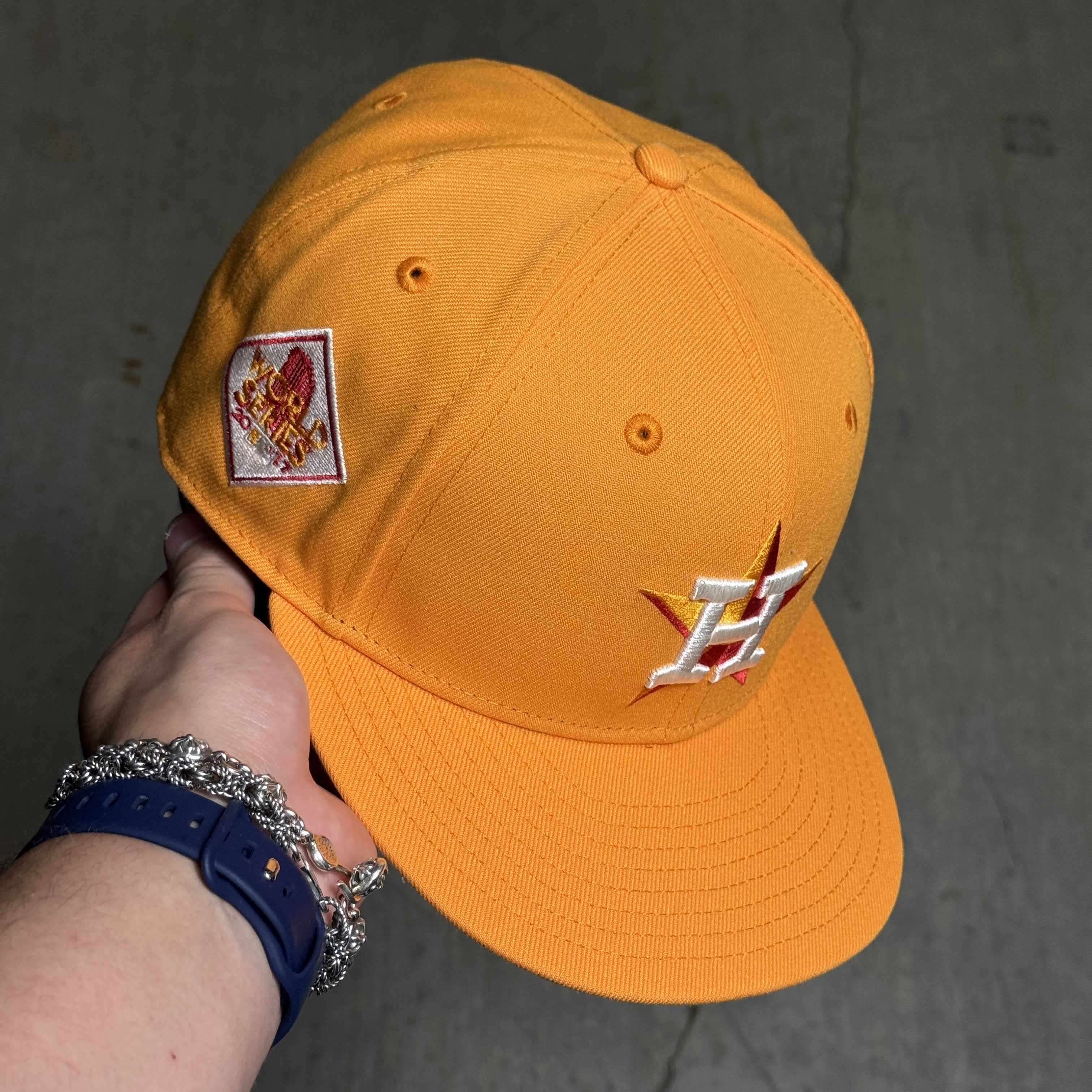 USED 3/8 Yellow Houston Astros 2017 World Series 59fifty New Era Fitted Hat Cap