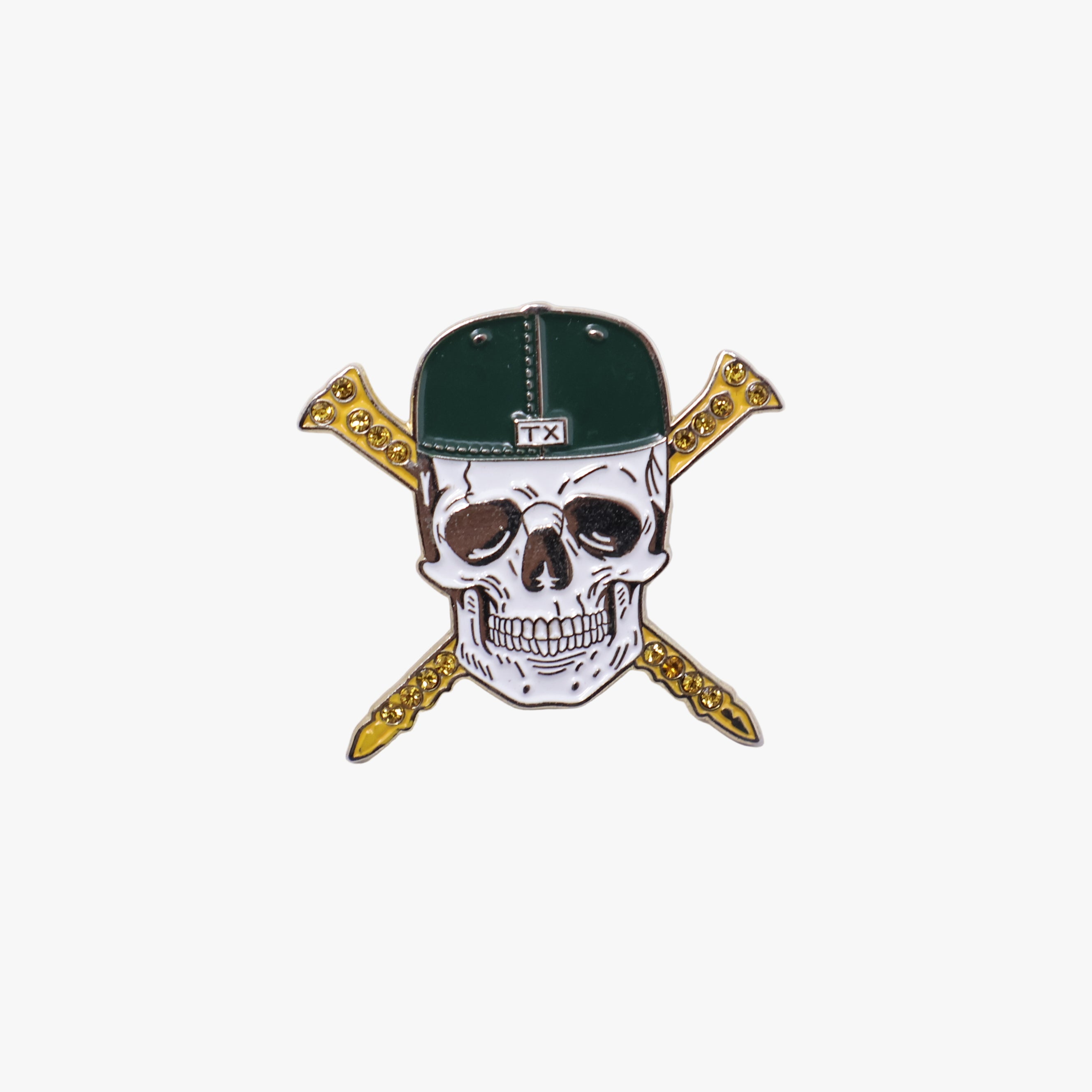 TXFitted Skull Screws Green Cap Yellow Screws White Rhinestones Graphic Pin