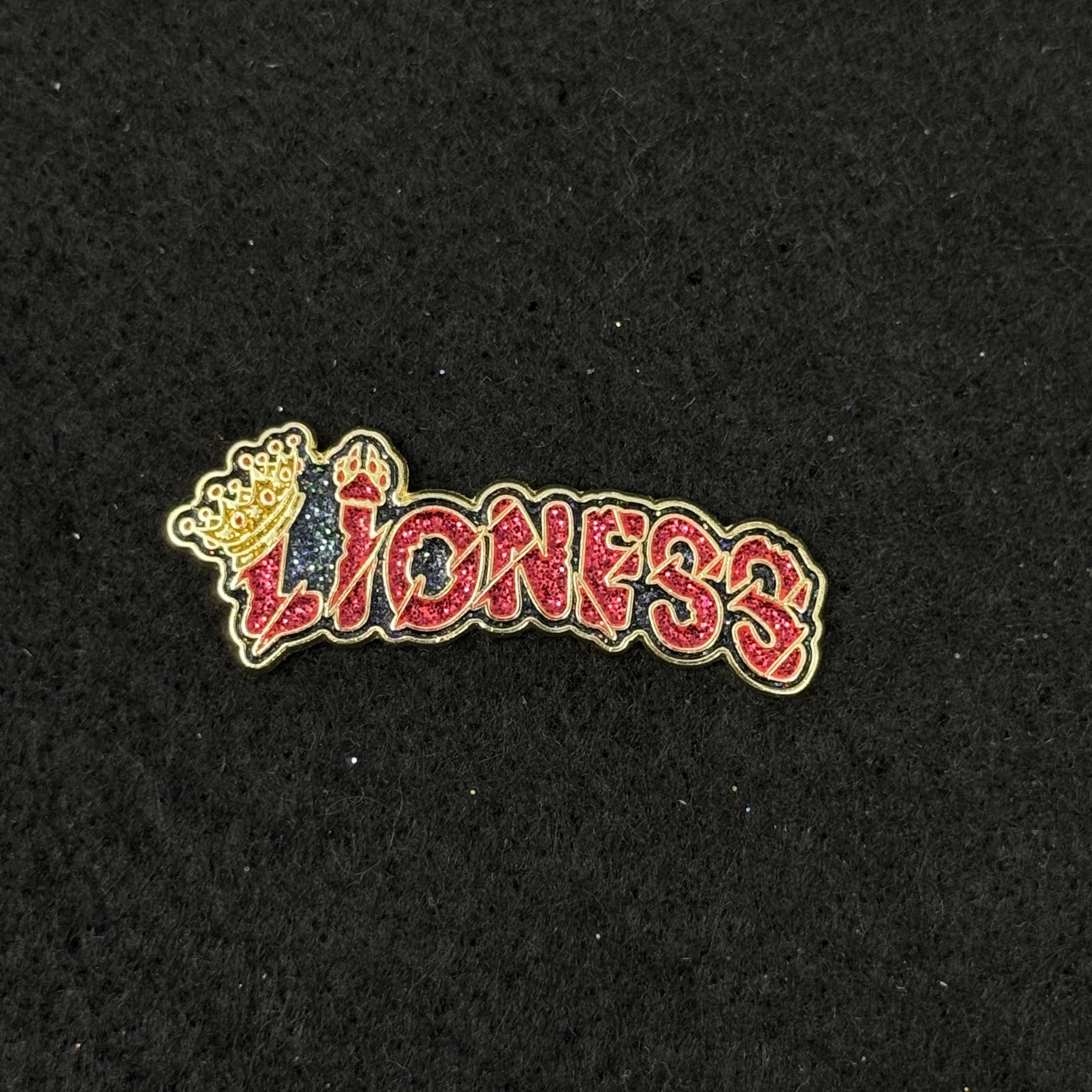 Red Text Lioness Script Pin