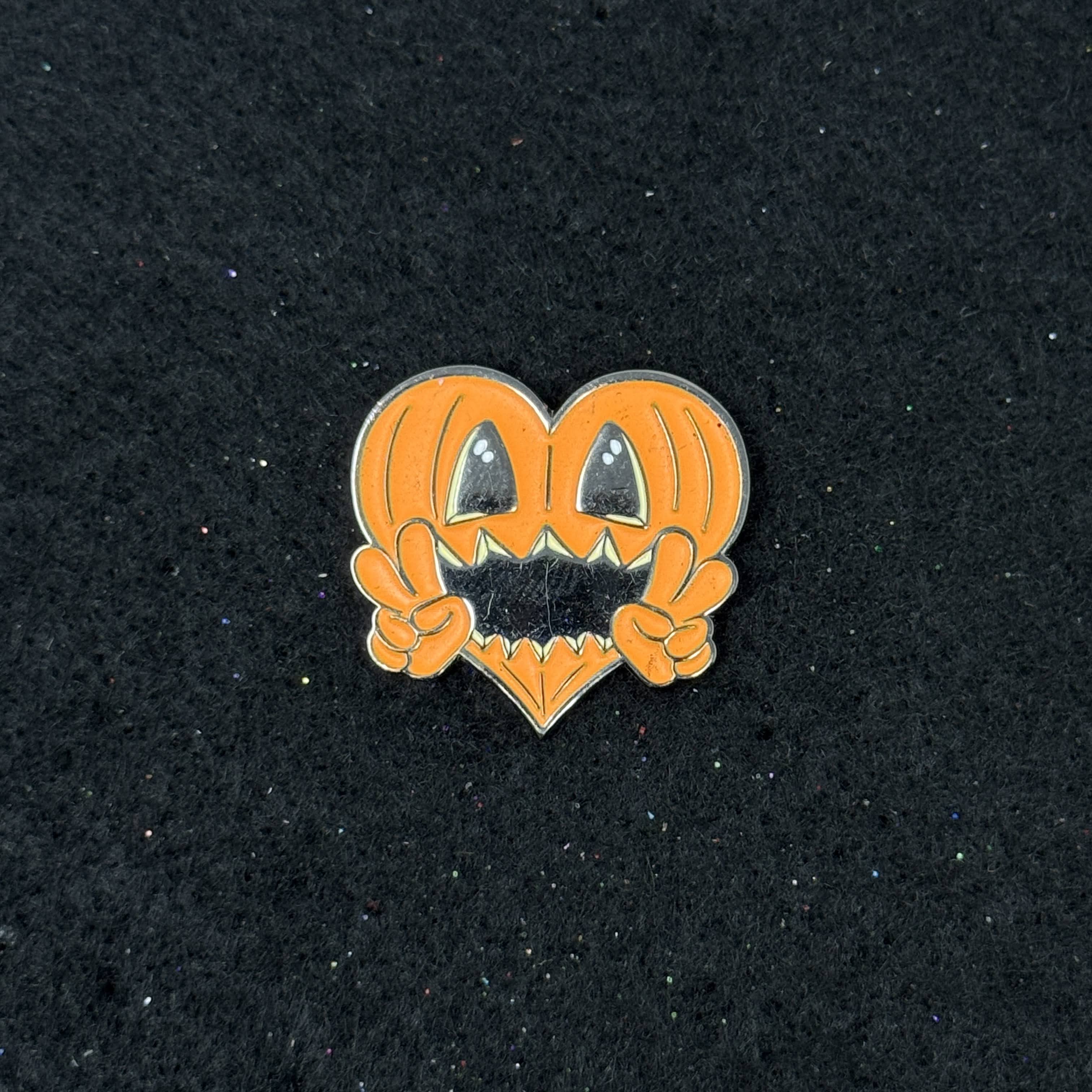 Orange Halloween Pumpkin Heart Peace Sign Graphic Pin