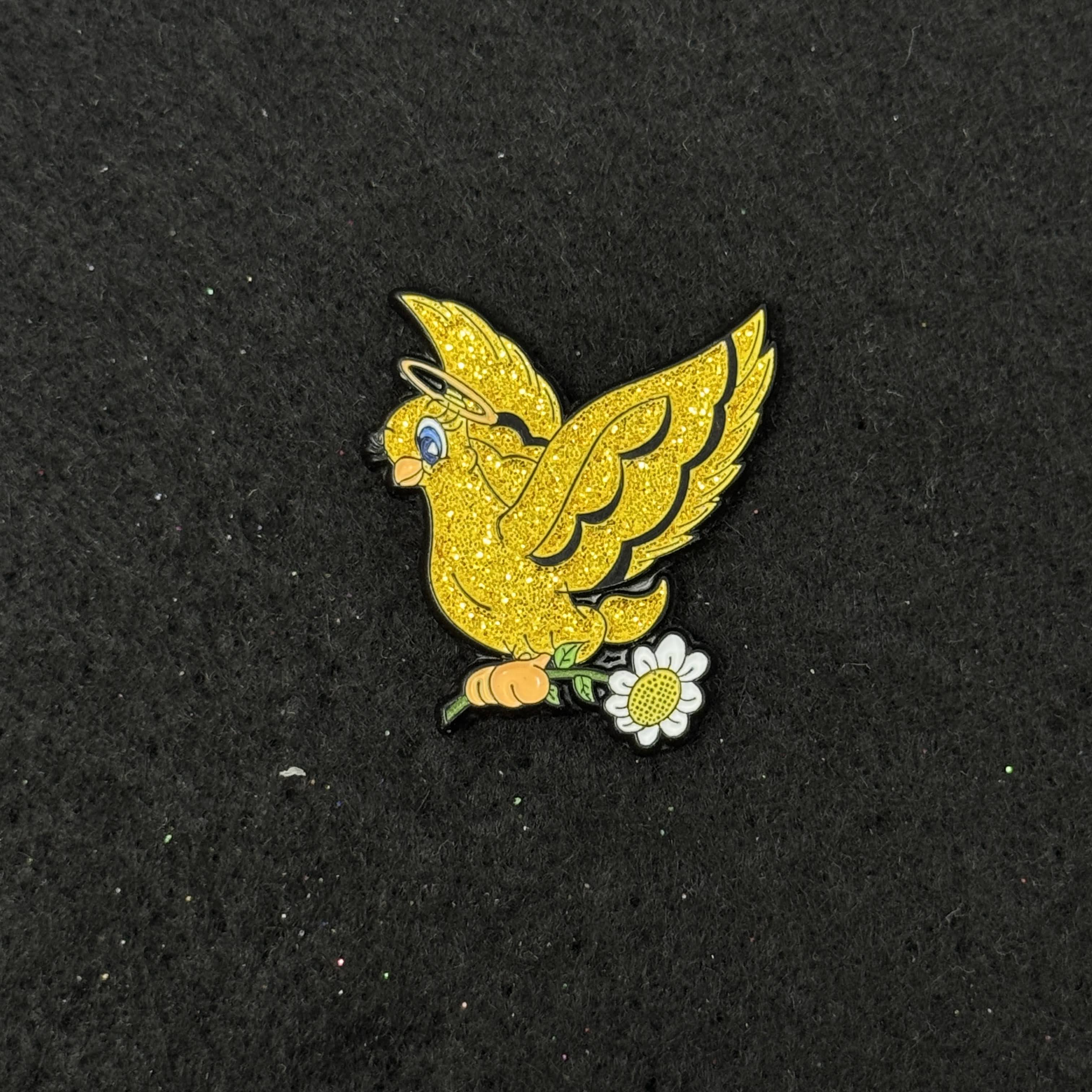Yellow Bird with Flower Graphic Pin