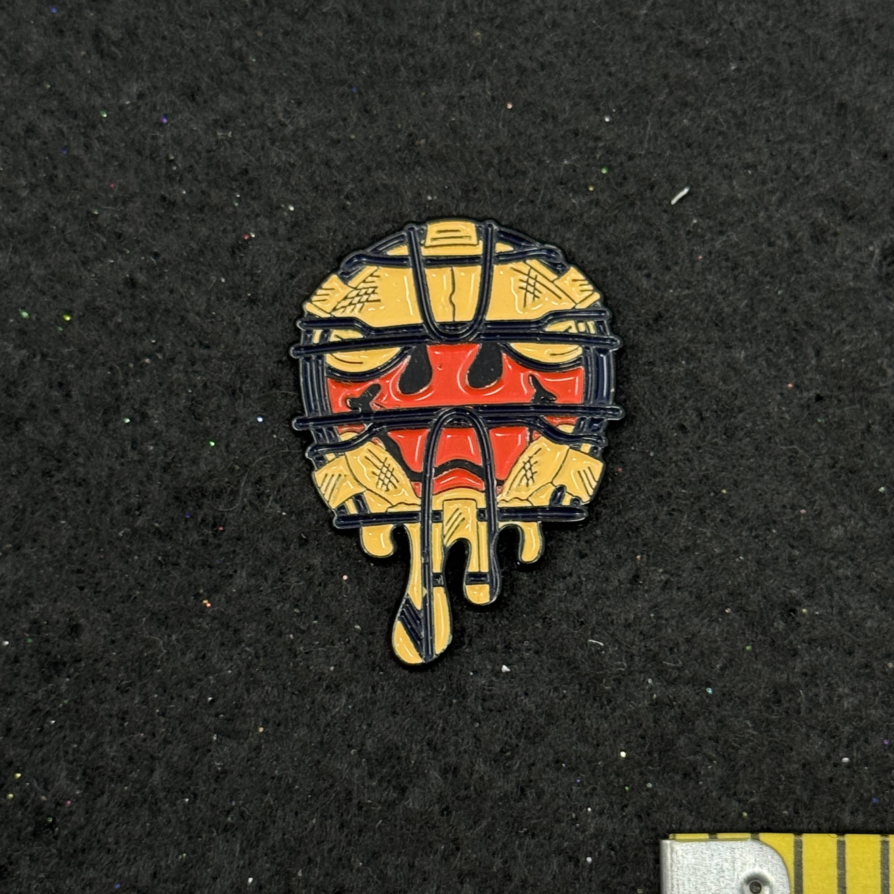 Red-Orange Smiley Black Accents Umpire Mask Graphic Pin