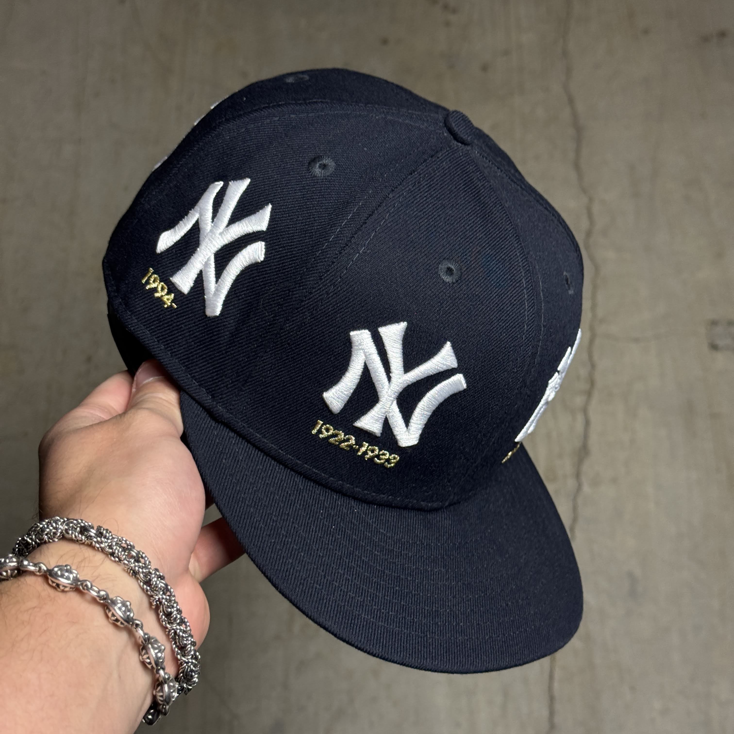 USED 1/2 Navy New York Yankees All Patches 59fifty New Era Fitted Hat Cap