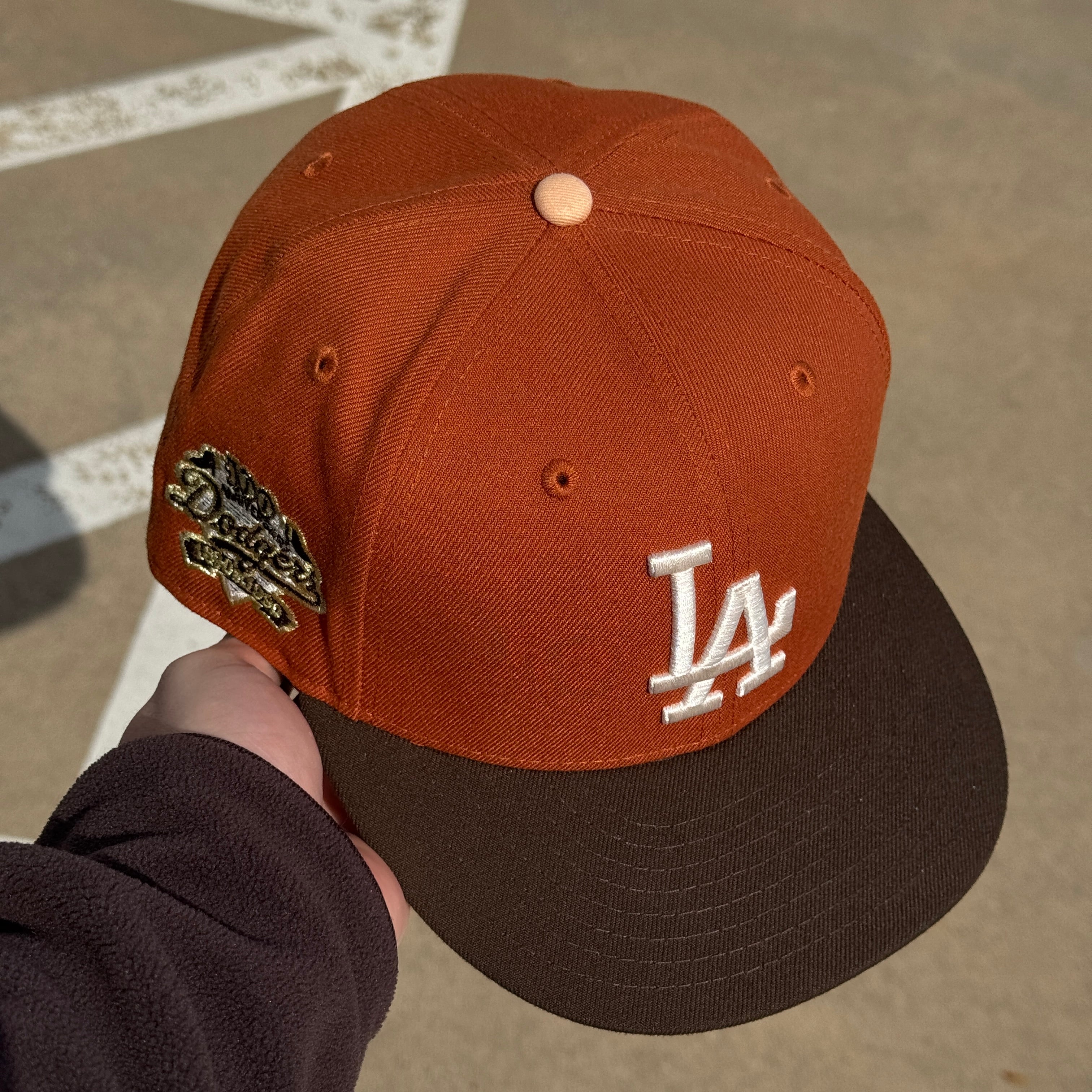 USED 5/8 Orange Los Angeles Dodgers 100th Anniversary 59fifty New Era Fitted Hat Cap