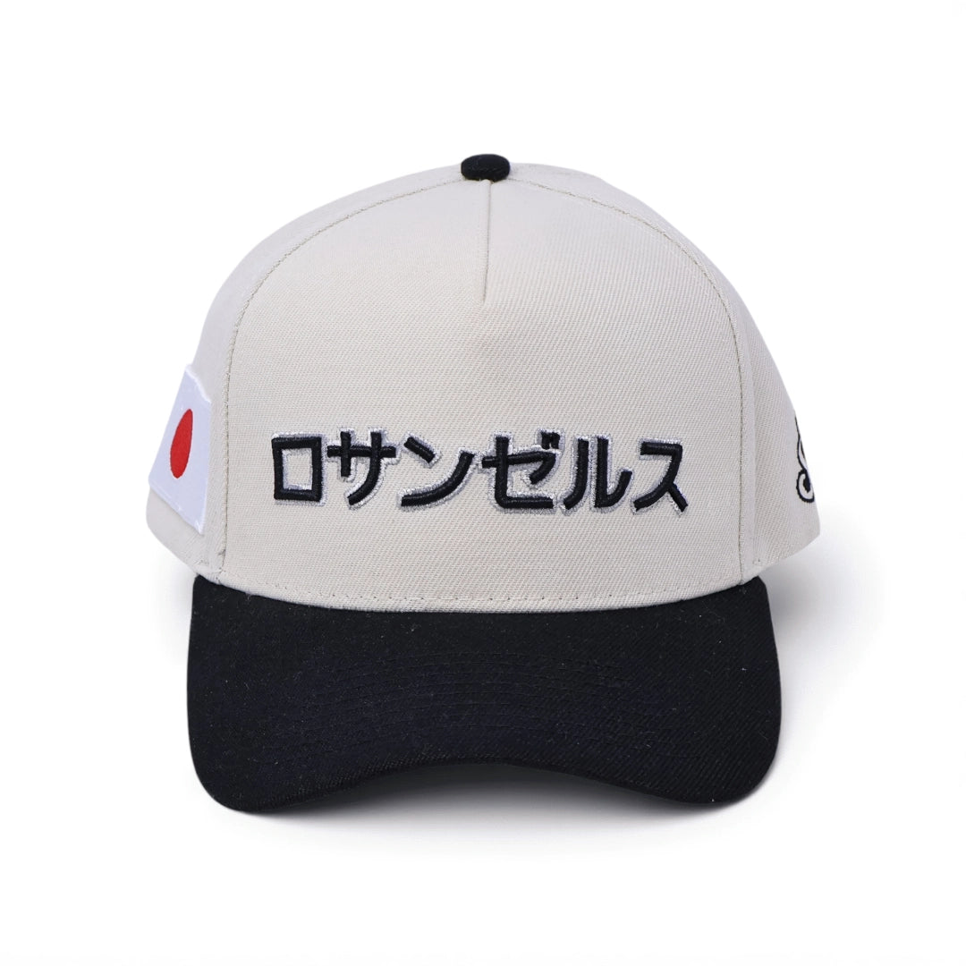 Cream/Black "Los Angeles" Japanese Katakana 5 Panel Baseball Cap