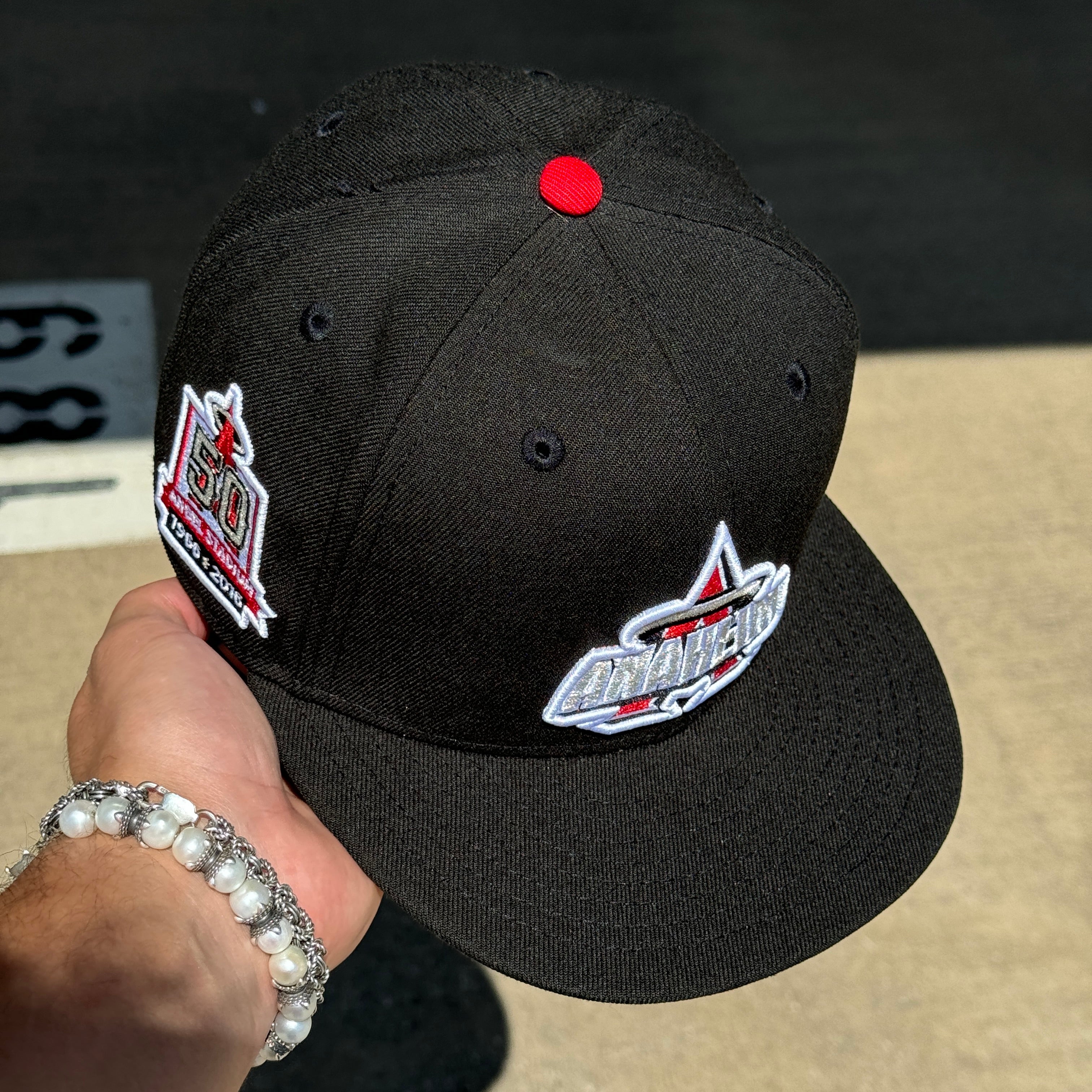 USED 1/8 Black California Angels 50th Anniversary 59fifty New Era Fitted Hat Cap