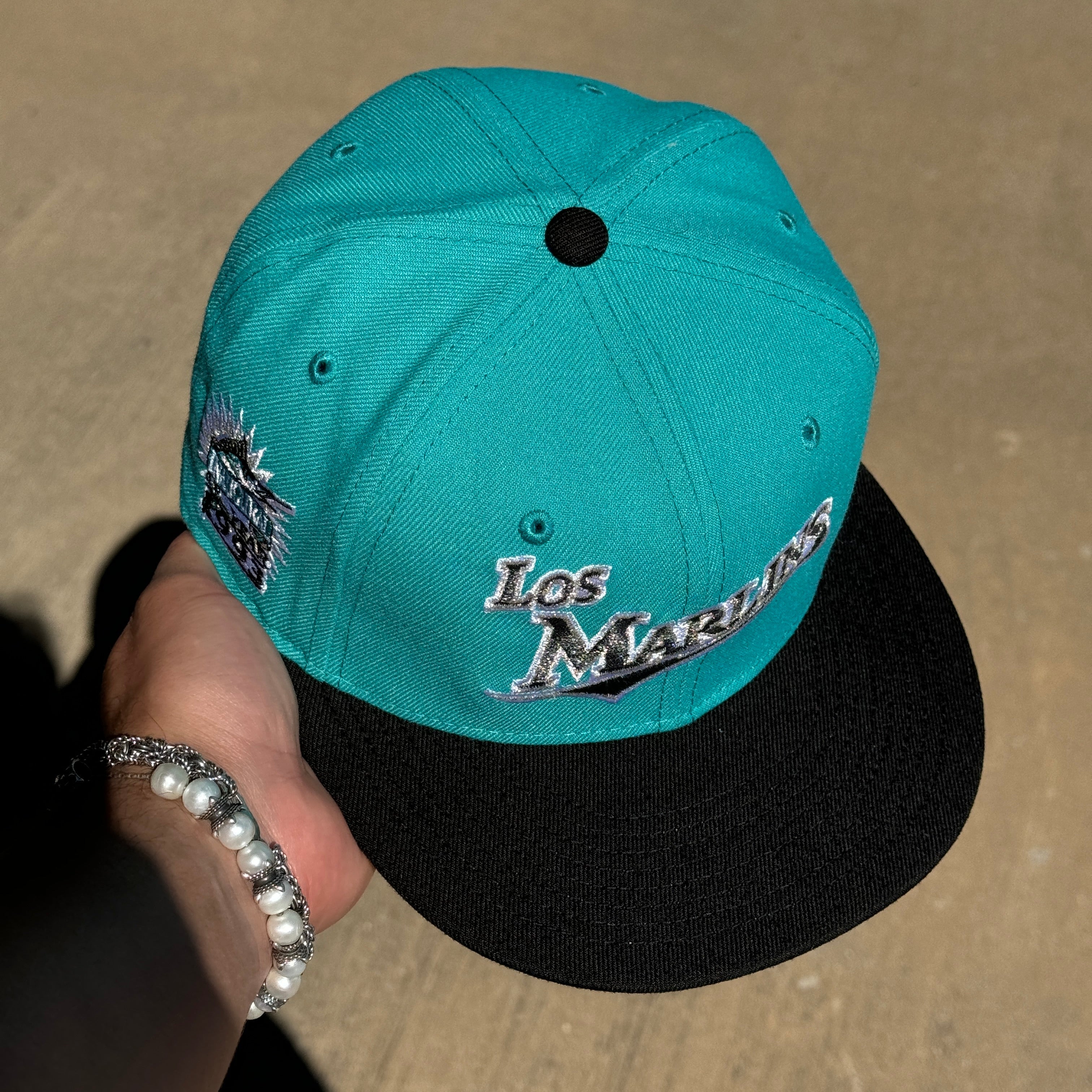 USED 1/8 Teal Los Miami Marlins 1993 Inaugural 59fifty New Era Fitted Hat Cap