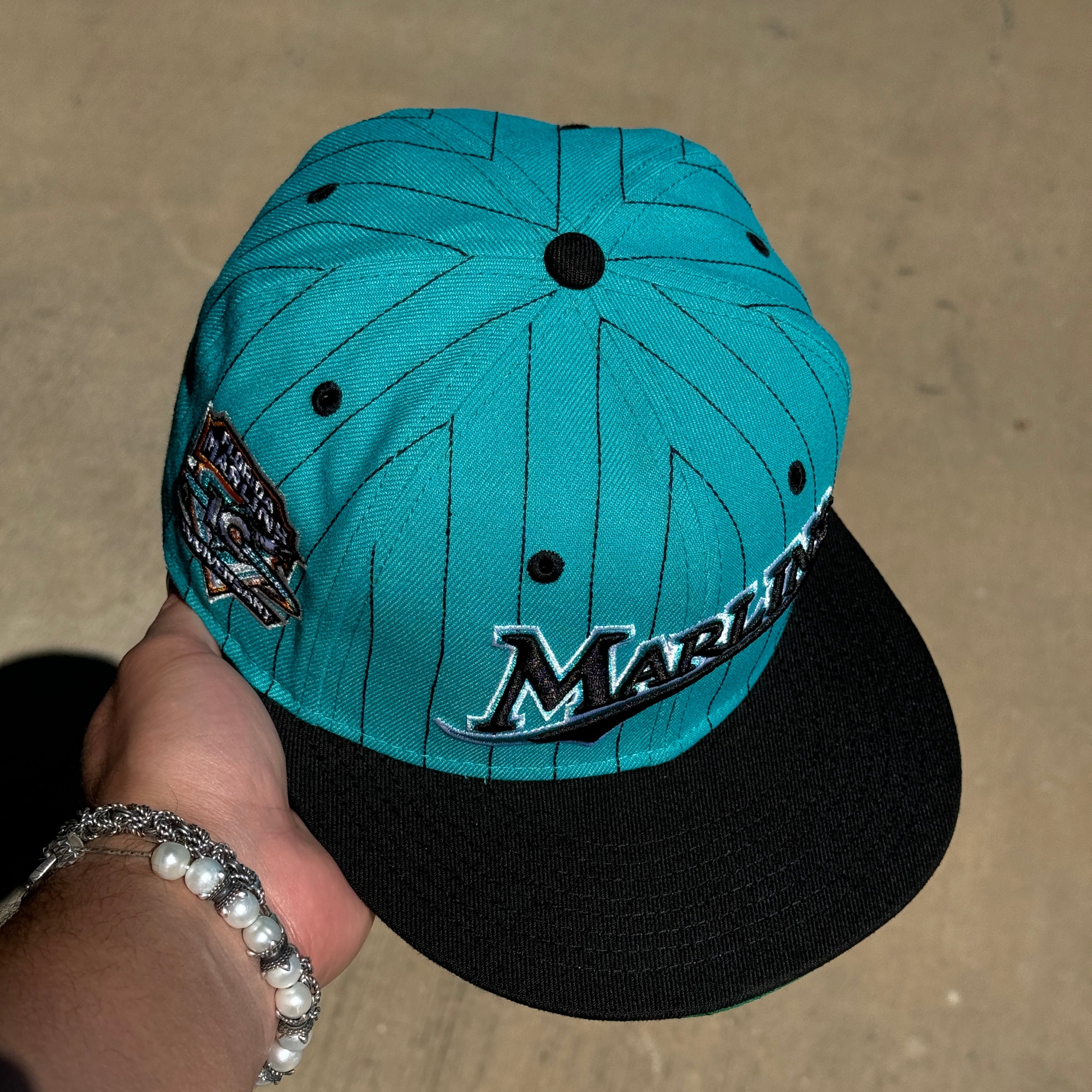 USED 1/8 Teal Pinstripe Miami Marlins 10th Anniversary 59fifty New Era Fitted Hat Cap