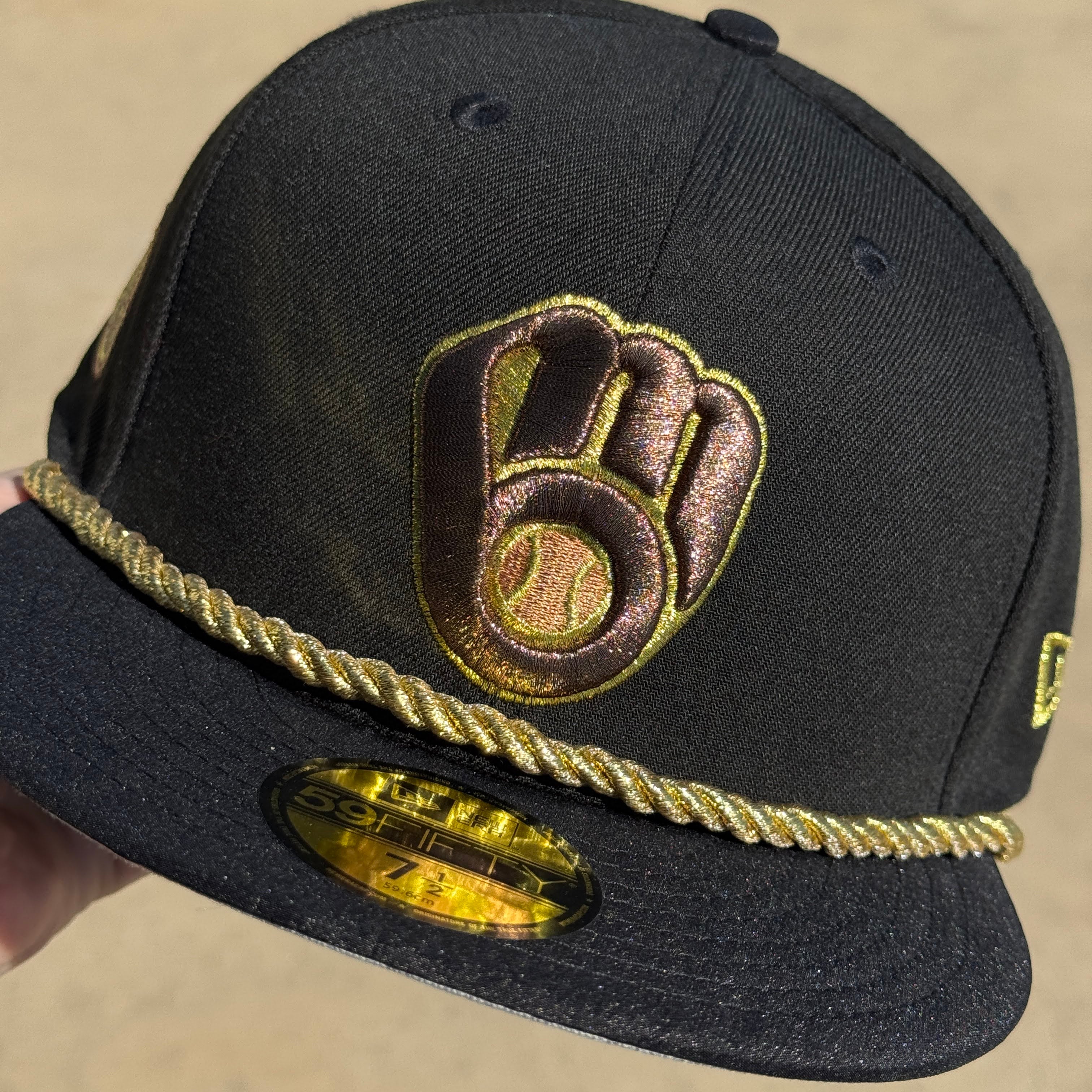 NWT 1/2 Black Milwuakee Brewers Rope 59fifty New Era Fitted Hat Cap