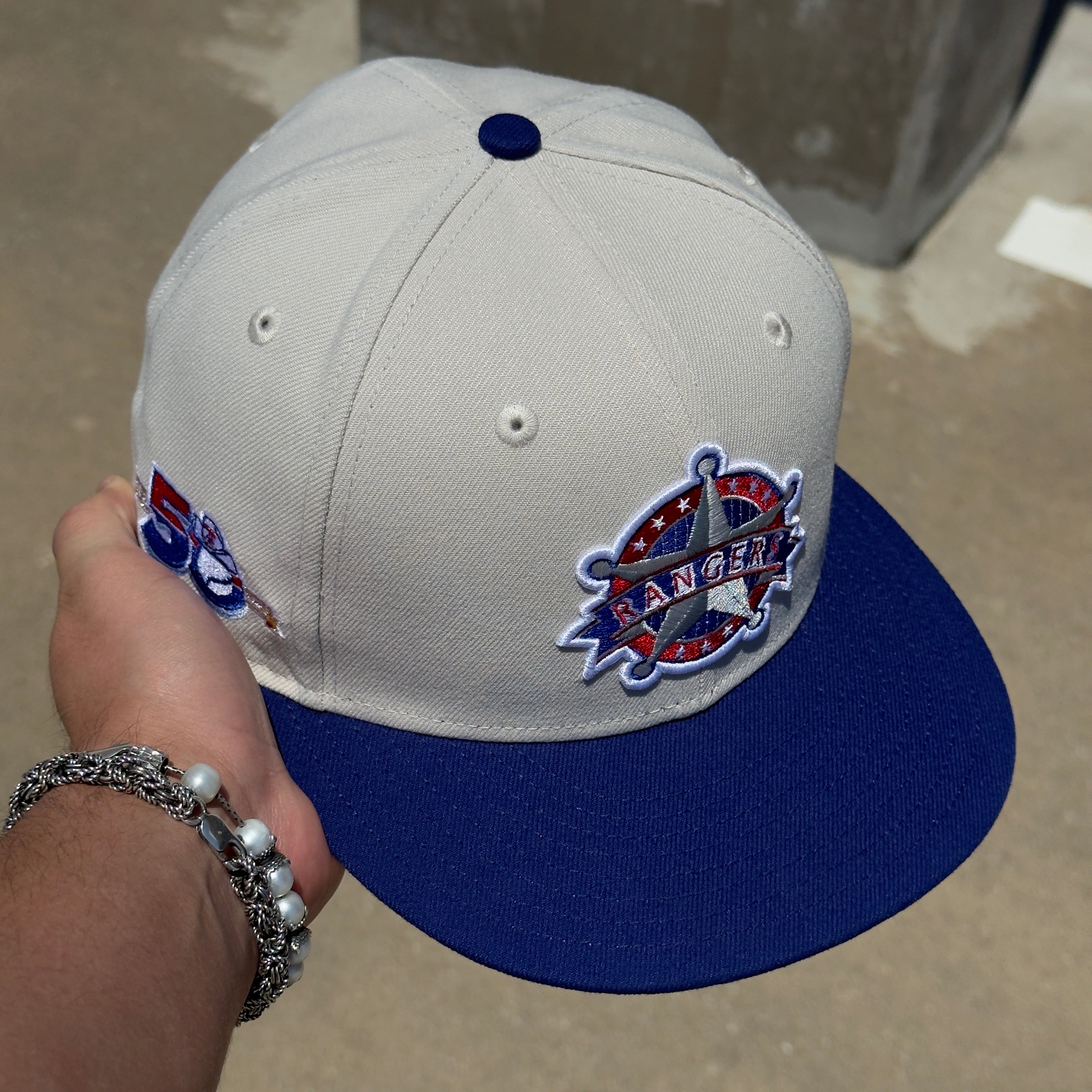 USED 1/2 Stone Dallas Texas Rangers 50th Anniversary 59FIFTY New Era Fitted Hat Cap