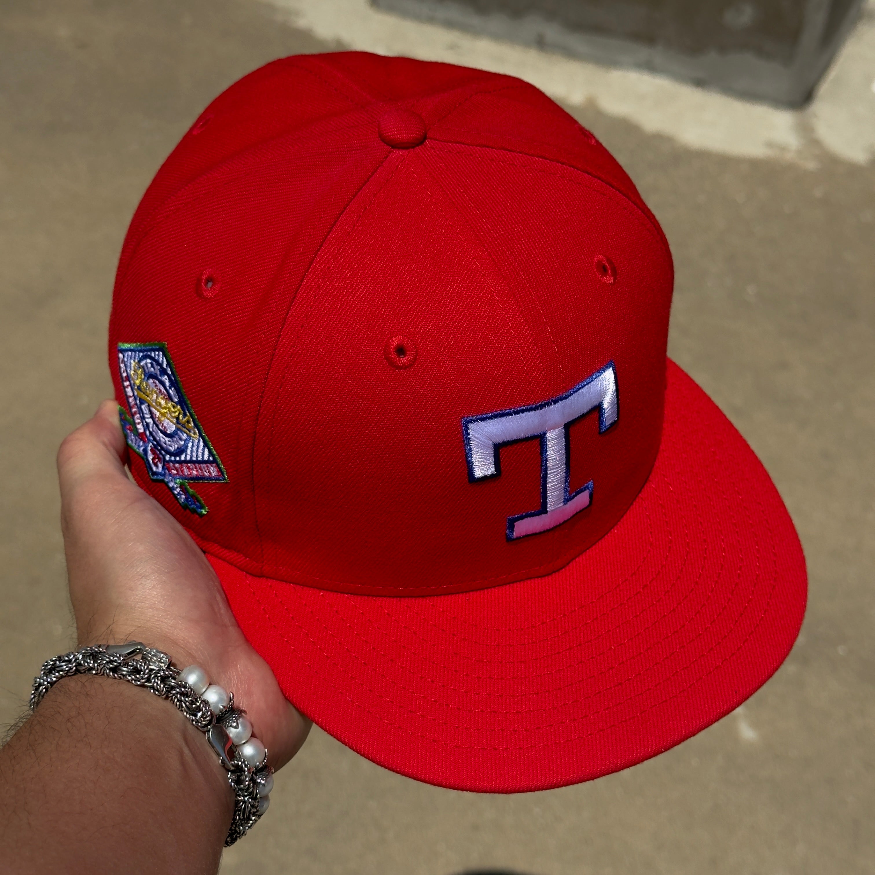 USED 3/8 Red Dallas Texas Rangers Arlington Stadium 59FIFTY New Era Fitted Hat Cap