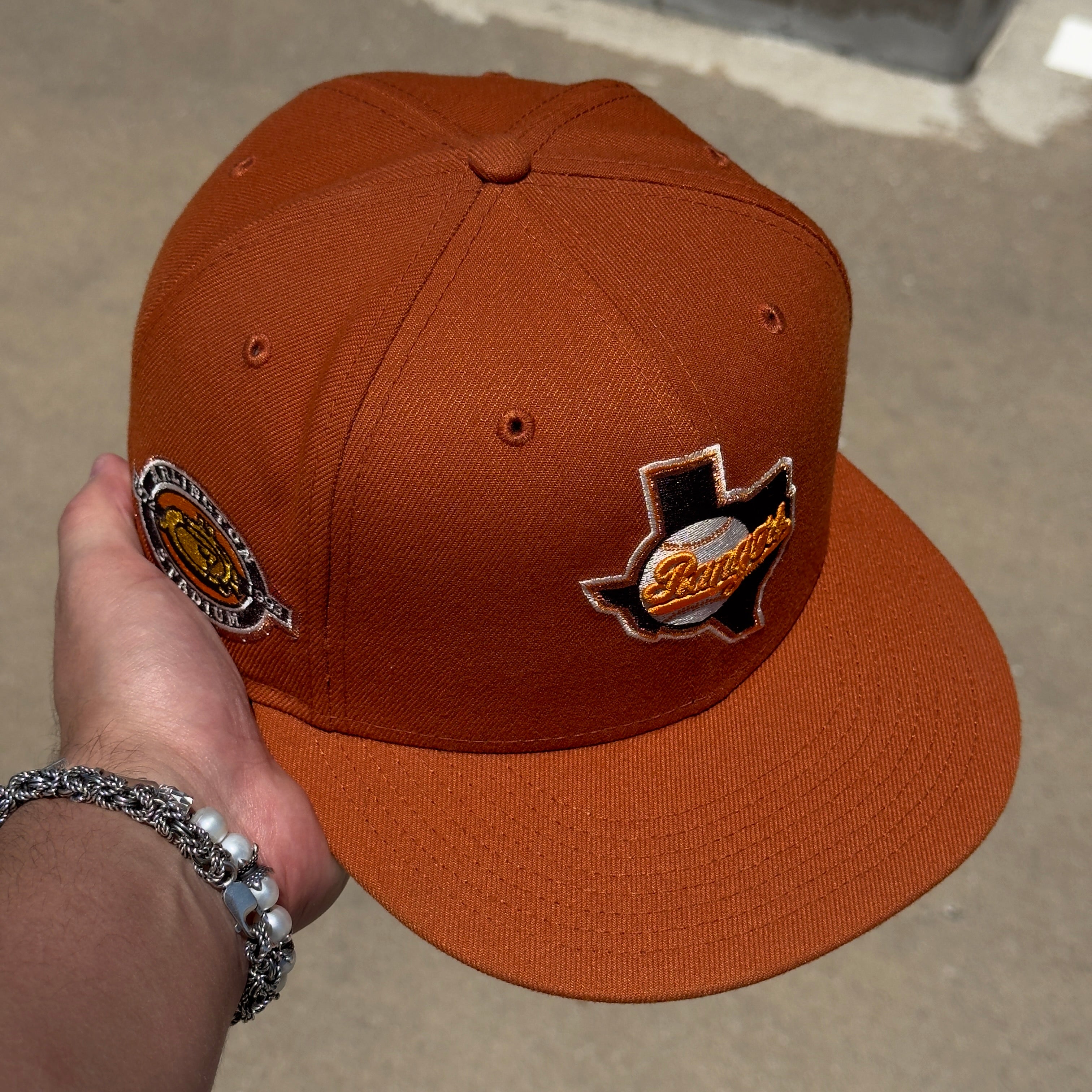 USED 3/8 Orange Dallas Texas Rangers Arlington Stadium 59FIFTY New Era Fitted Hat Cap