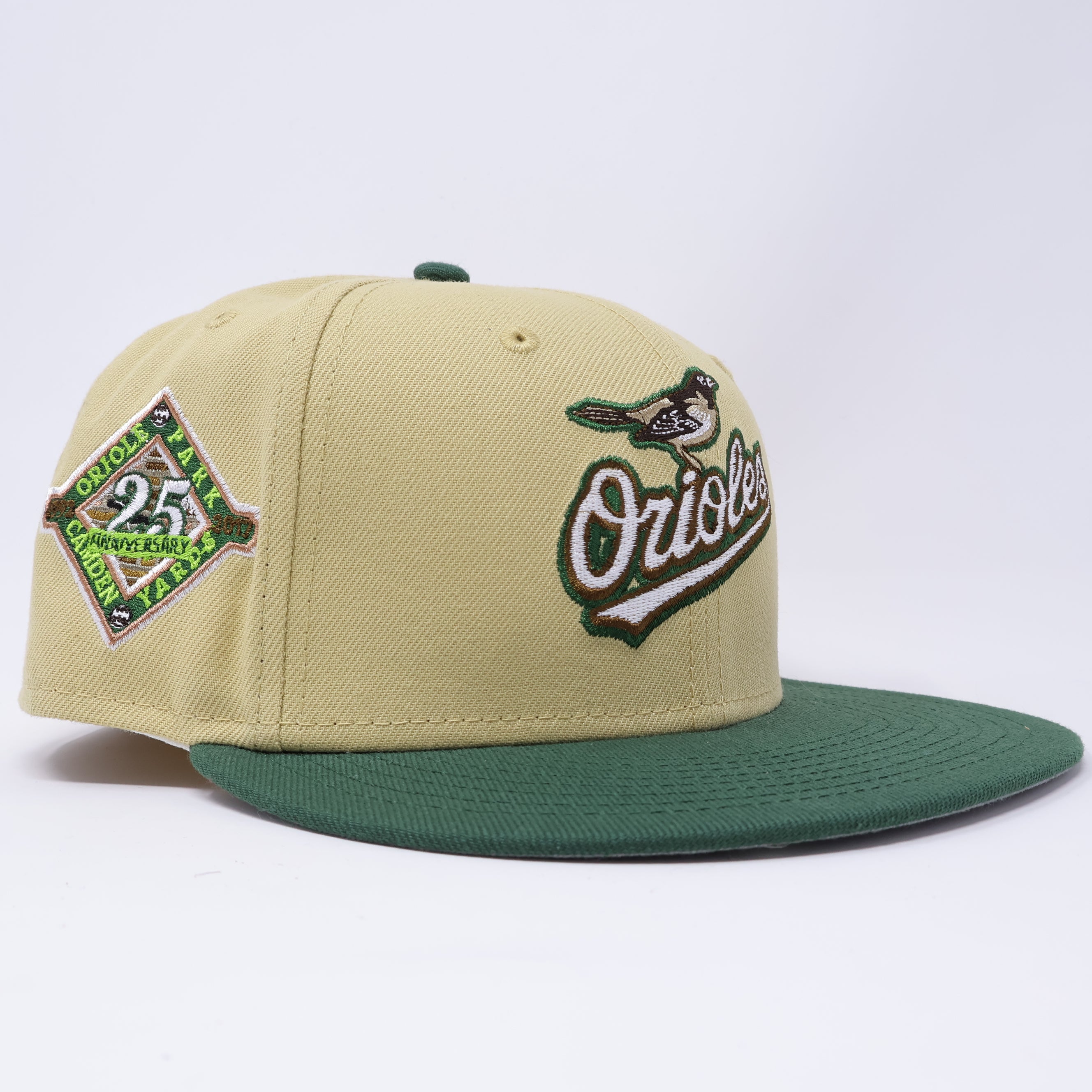 USED 1/8 Khaki Baltimore Orioles 25th Anniversary 59fifty New Era Fitted Hat Cap