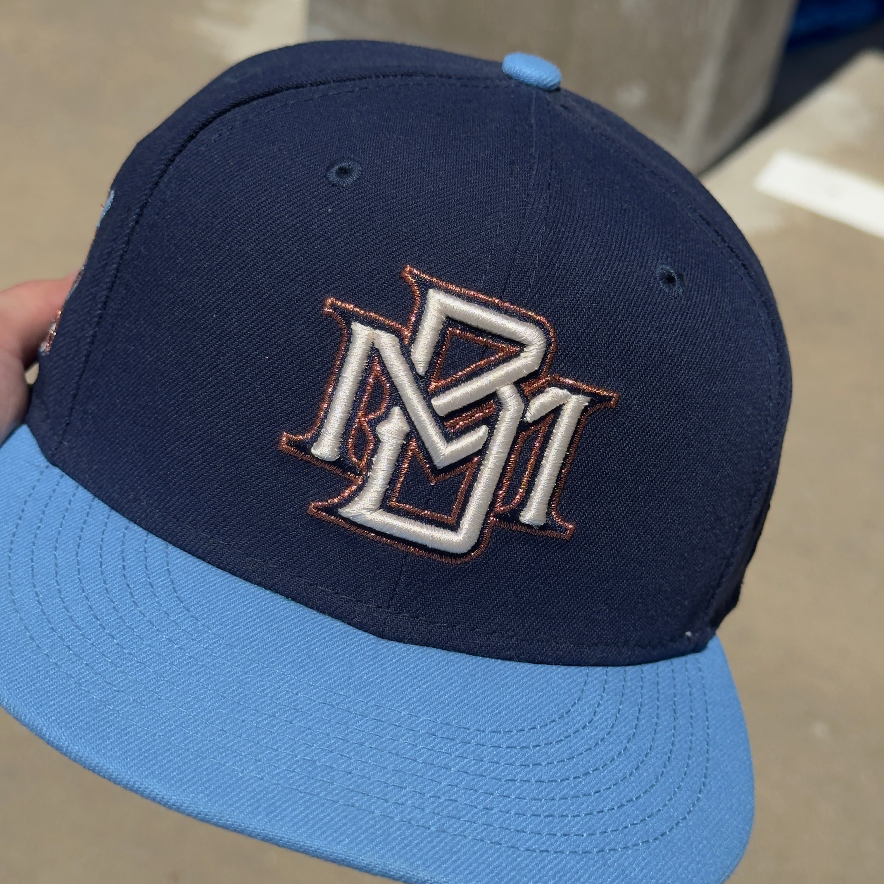 USED 1/2 Blue Milwaukee Brewer 25th Anniversary  59fifty New Era Fitted Hat Cap