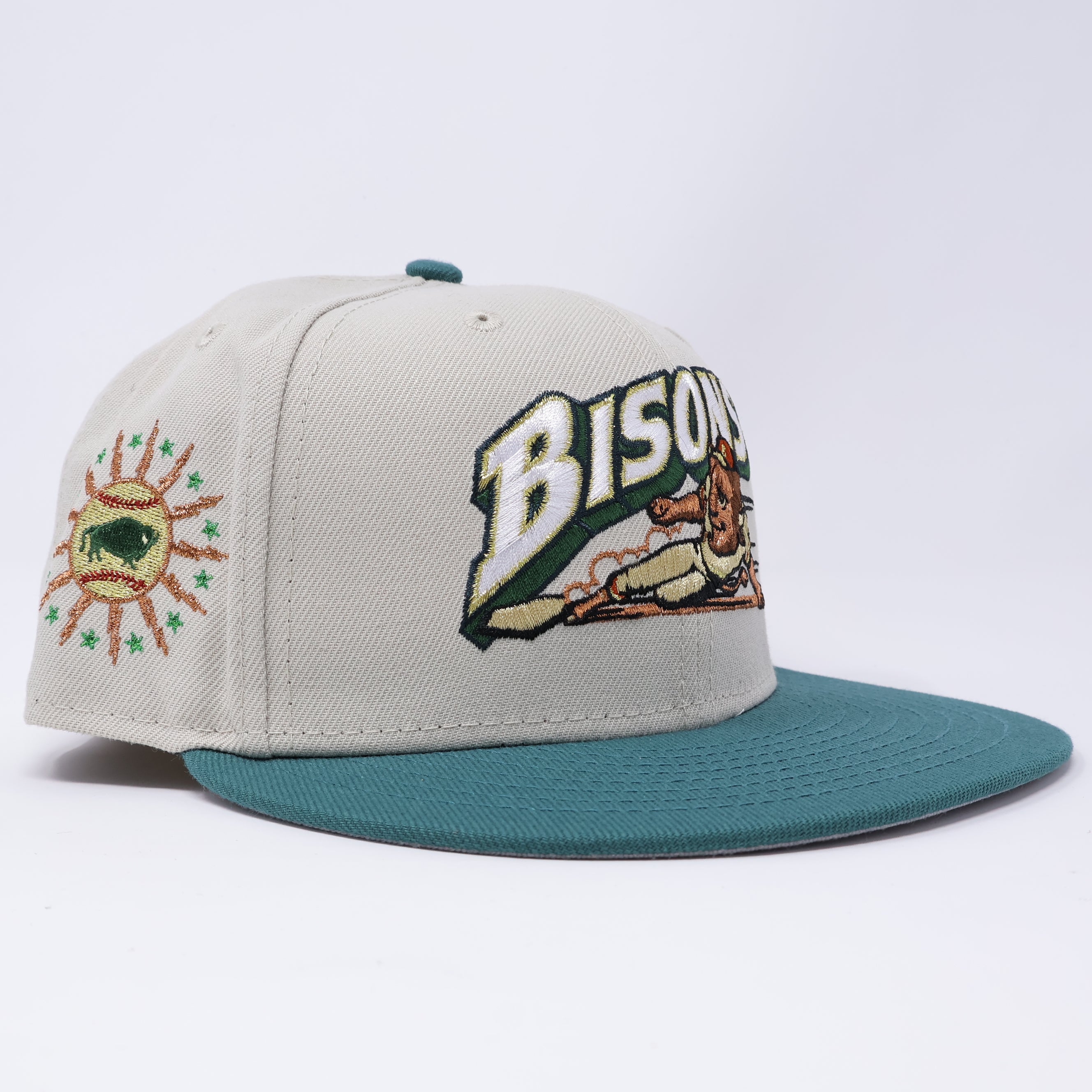 USED 1/8 Stone Buffalo Bisons Sun Logo 59fifty New Era Fitted Hat Cap