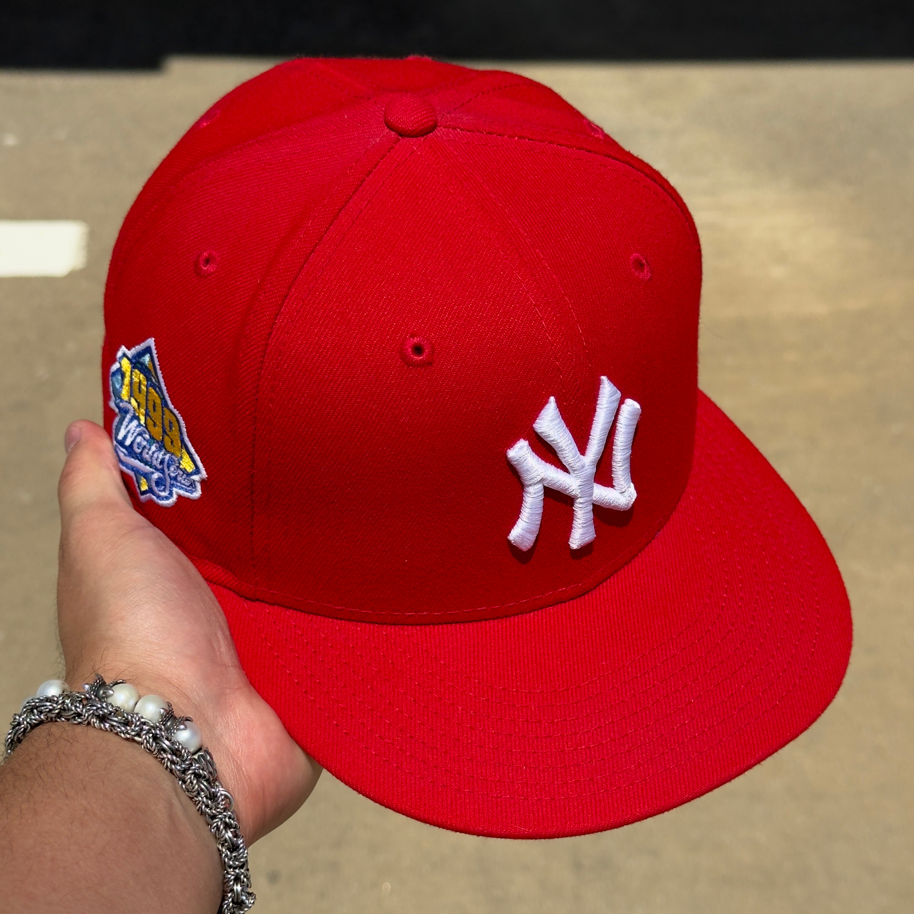 USED 3/8 Red New York Yankees 1999 World Series Icy 59FIFTY New Era Fitted Hat Cap