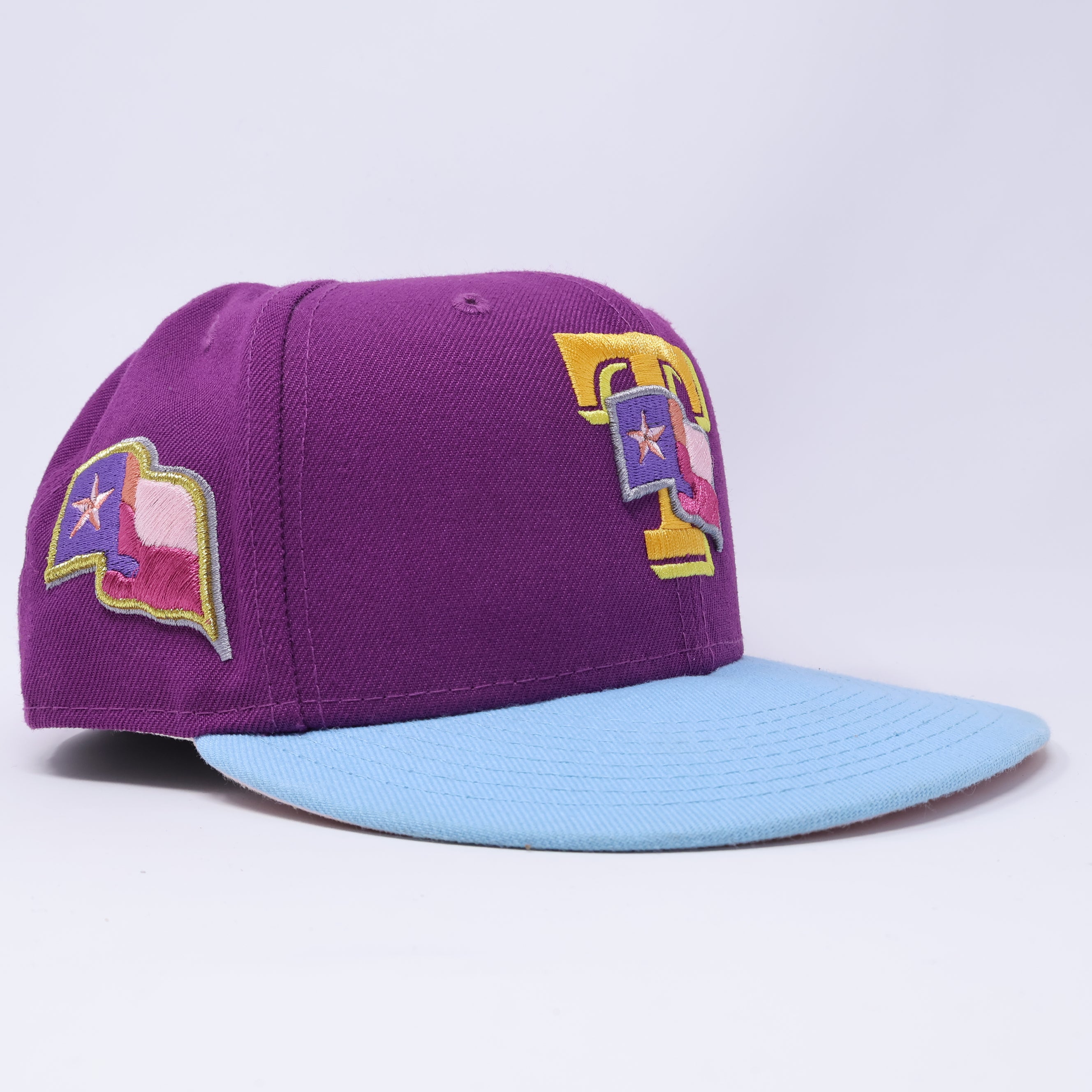 USED 5/8 Purple Dallas Texas Rangers Flag 59fifty New Era Fitted Hat Cap