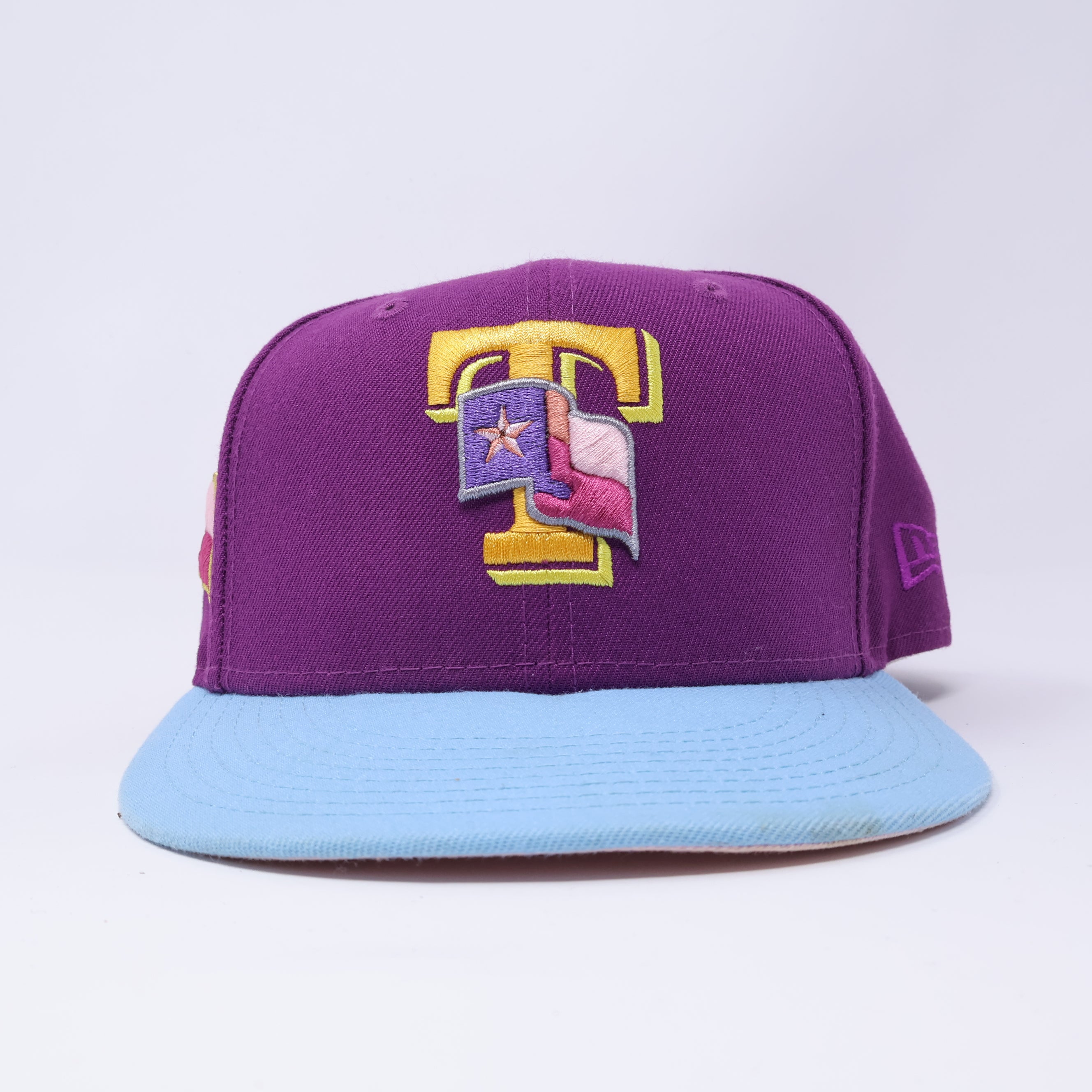 USED 5/8 Purple Dallas Texas Rangers Flag 59fifty New Era Fitted Hat Cap