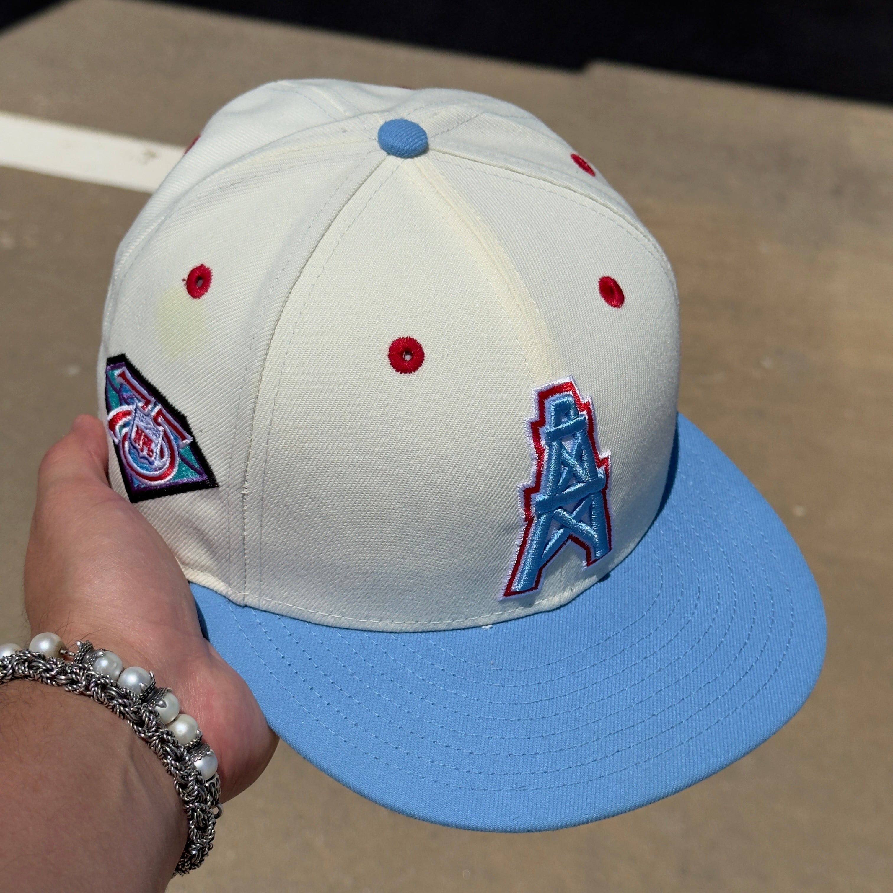 USED 3/8 Chrome Houston Oilers 75th Anniversary NFL 59FIFTY New Era Fitted Hat Cap