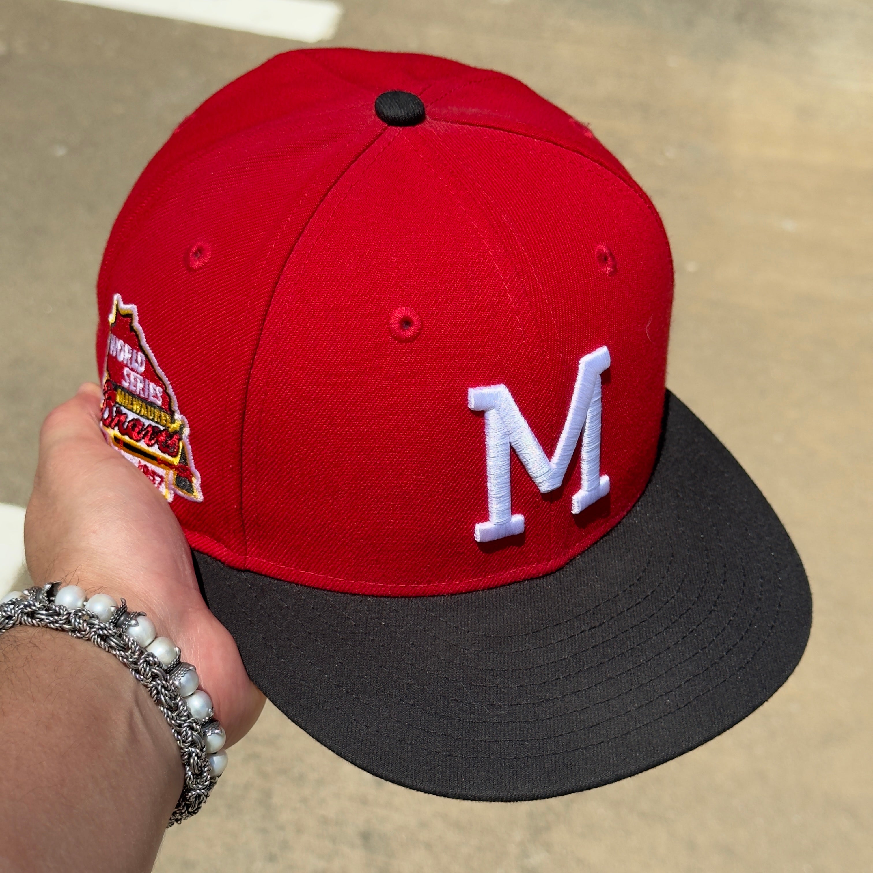 USED 3/8 Red Miluwakee Brewers Braves 1957 World Series 59FIFTY New Era Fitted Hat Cap