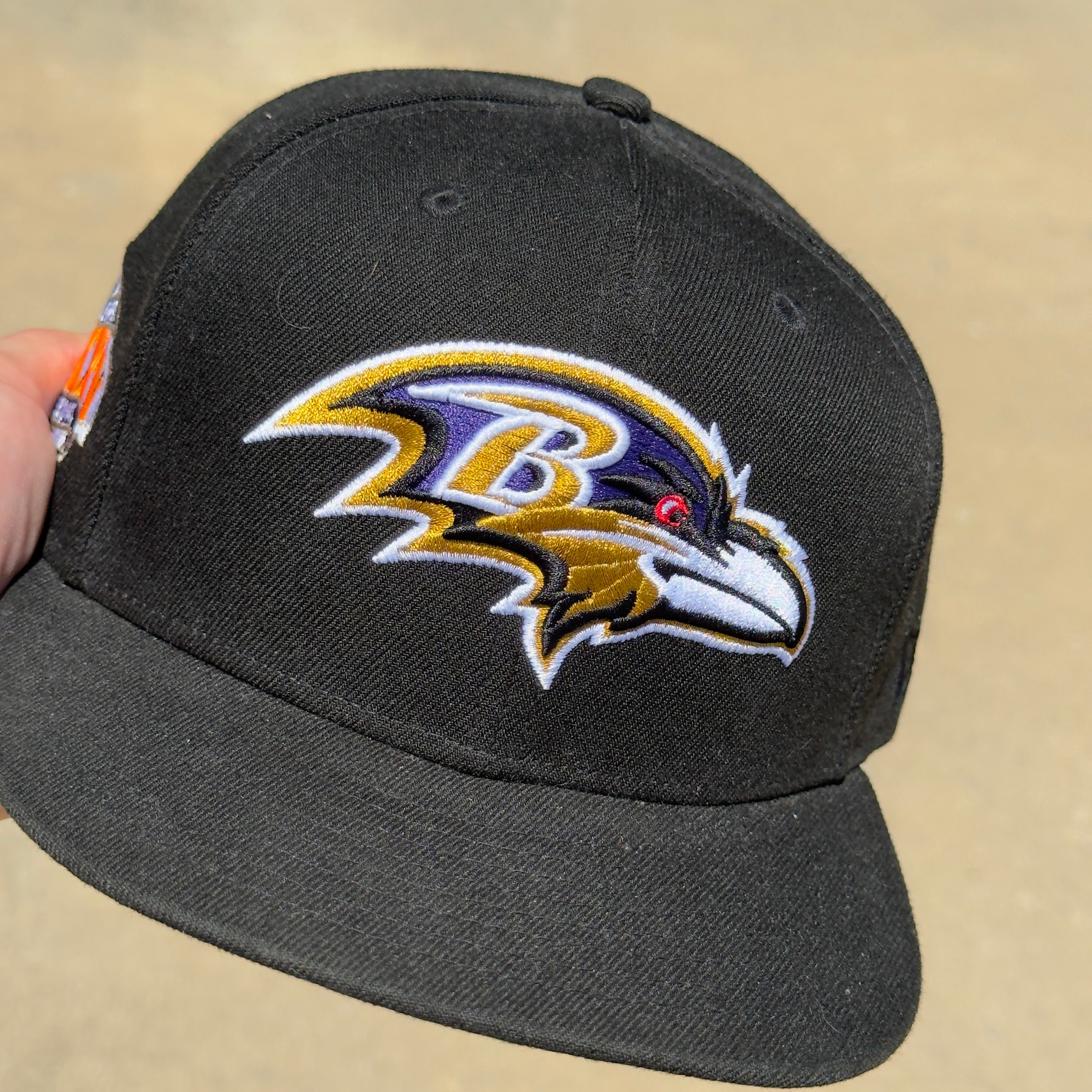 USED 1/2 Black Baltimore Ravens Super Bowl XXXV Pink 59FIFTY New Era Fitted Hat Cap