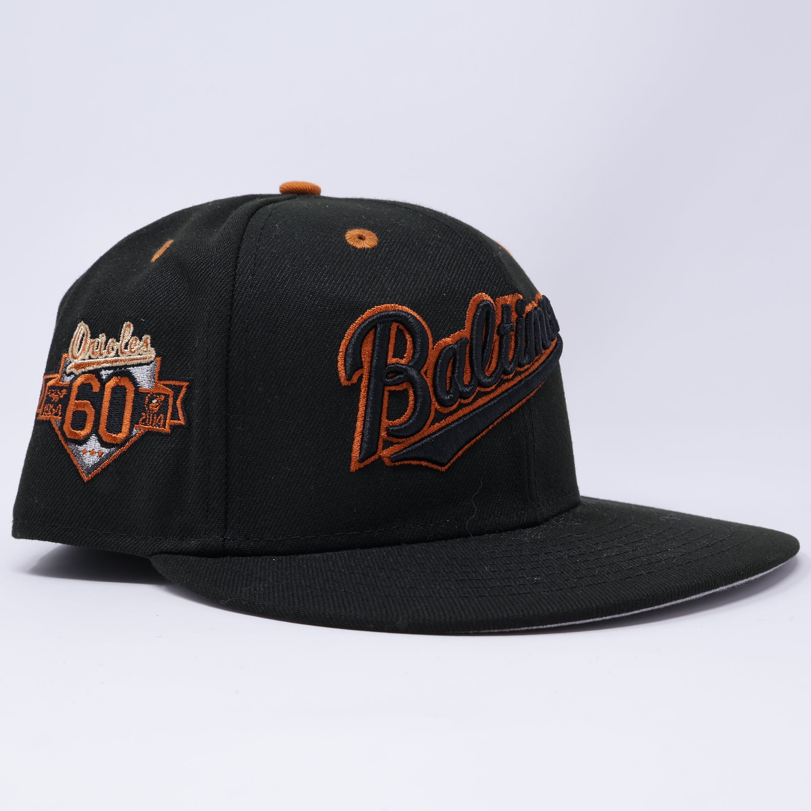 USED 1/8 Black Baltimore Orioles 60th Anniversary 59fifty New Era Fitted Hat Cap