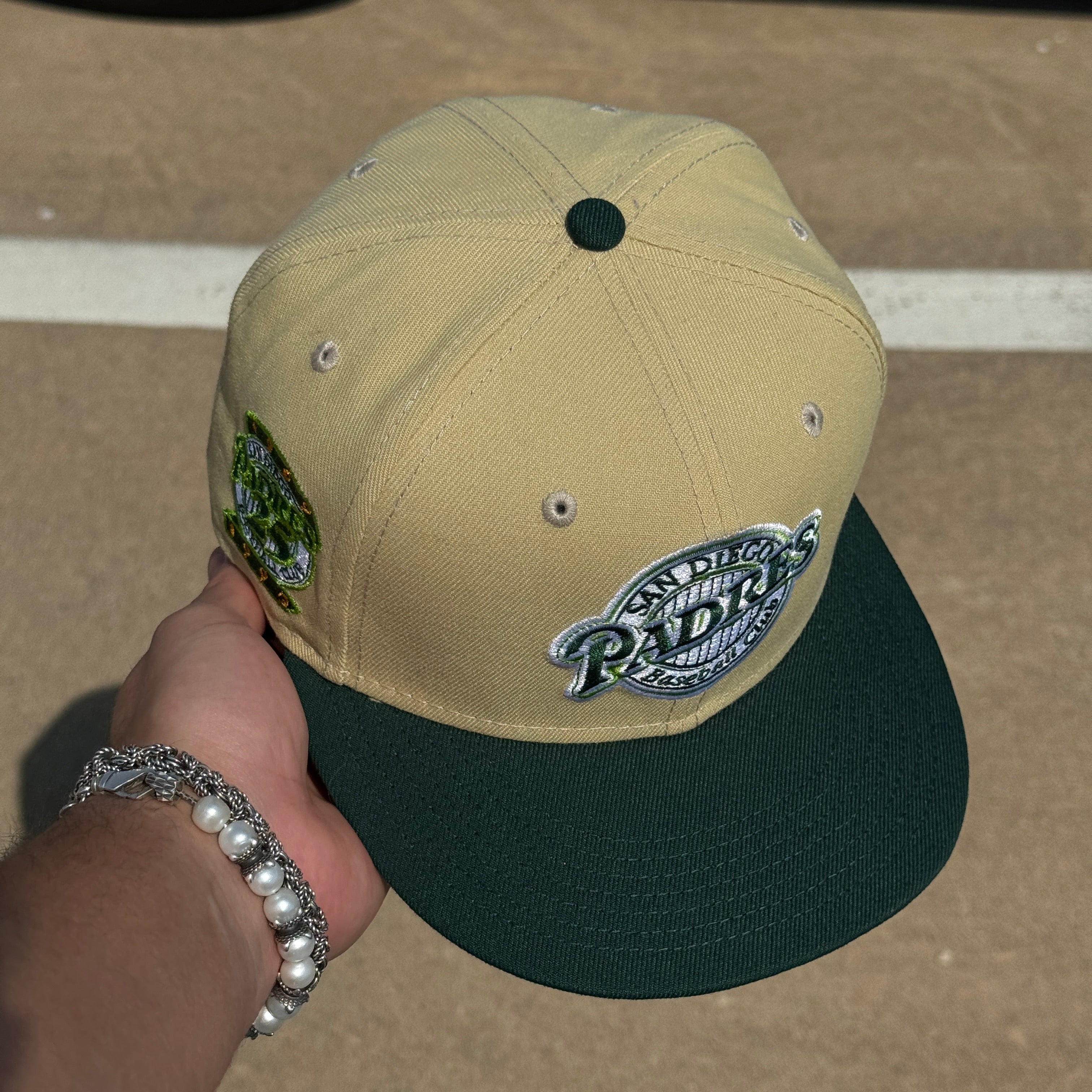 USED 1/8 Khaki San Diego Padres 25th Anniversary 59fifty New Era Fitted Hat Cap