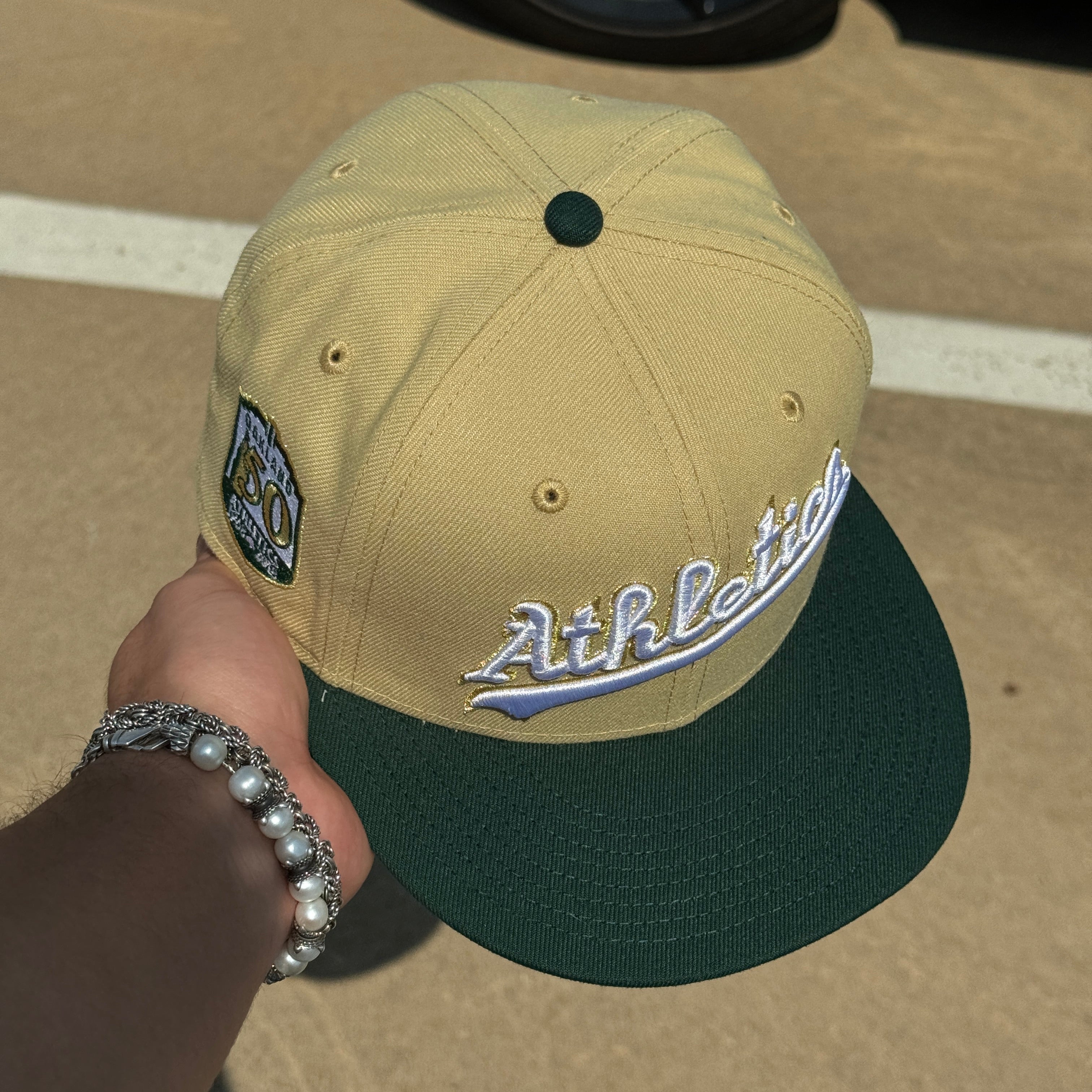 USED 1/8 Khaki Oakland Athletics 50th Anniversary 59fifty New Era Fitted Hat Cap