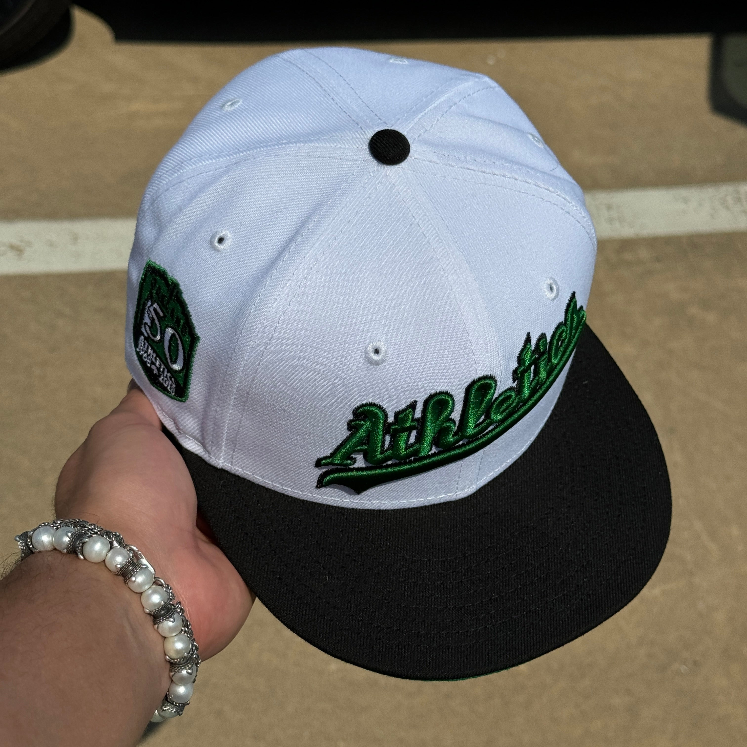 USED 1/8 White Oakland Atlhetics 50th Anniversary 59fifty New Era Fitted Hat Cap