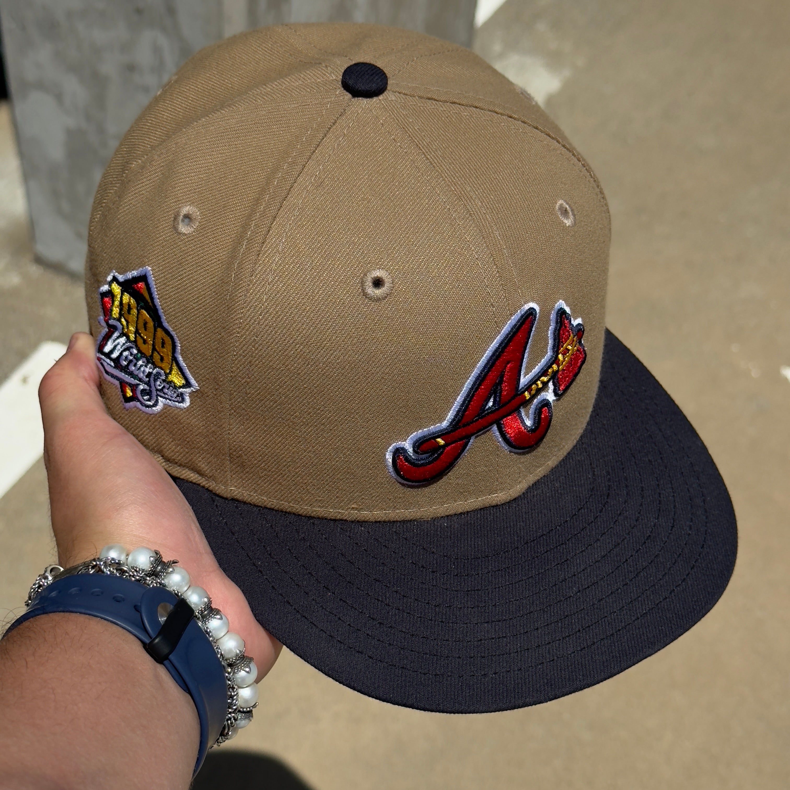 USED 3/8 Khaki Atlanta Braves 1999 World Series 59FIFTY New Era Fitted Hat