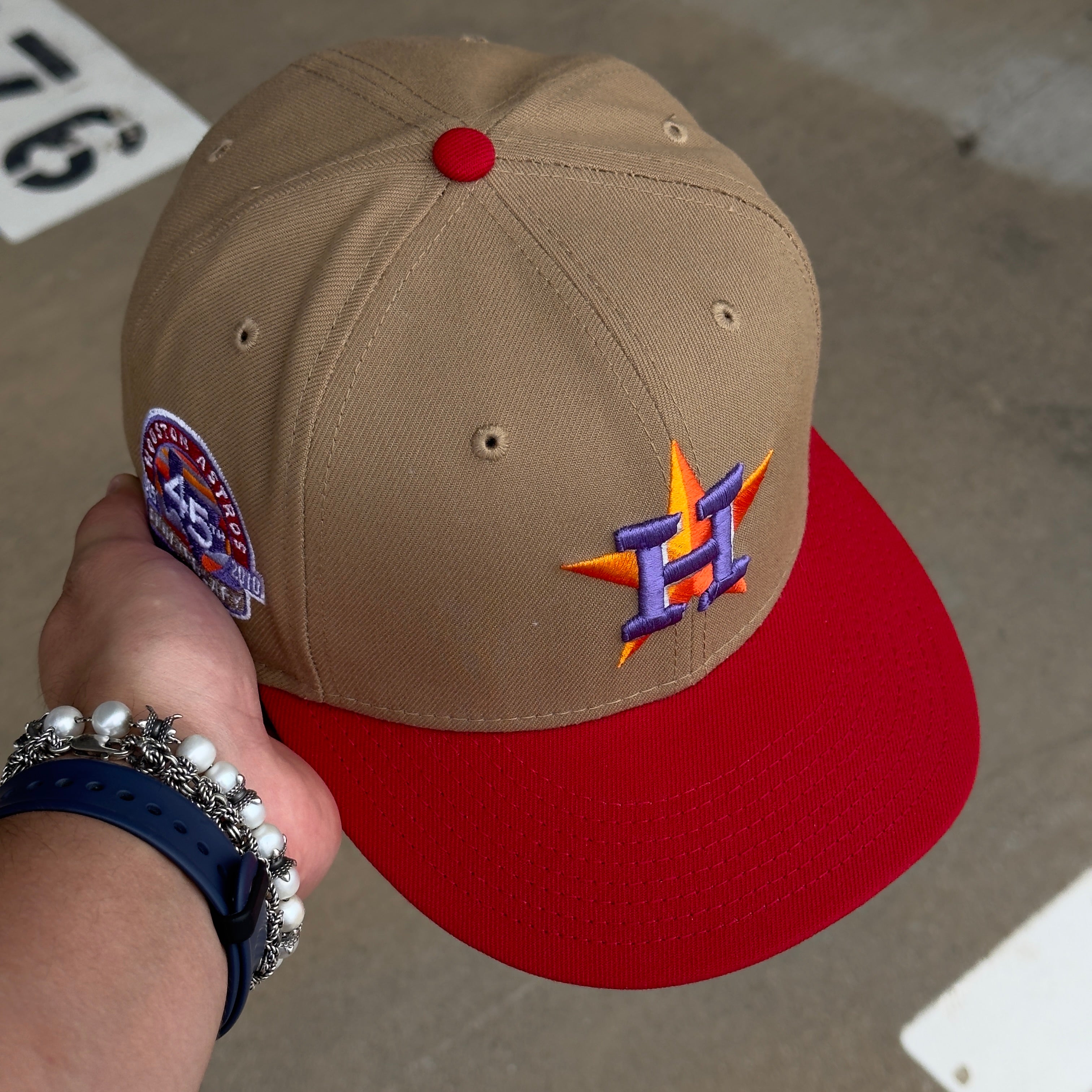 USED 1/2 Khaki Houston Astros 45th Anniversary Lavender 59FIFTY New Era Fitted Hat