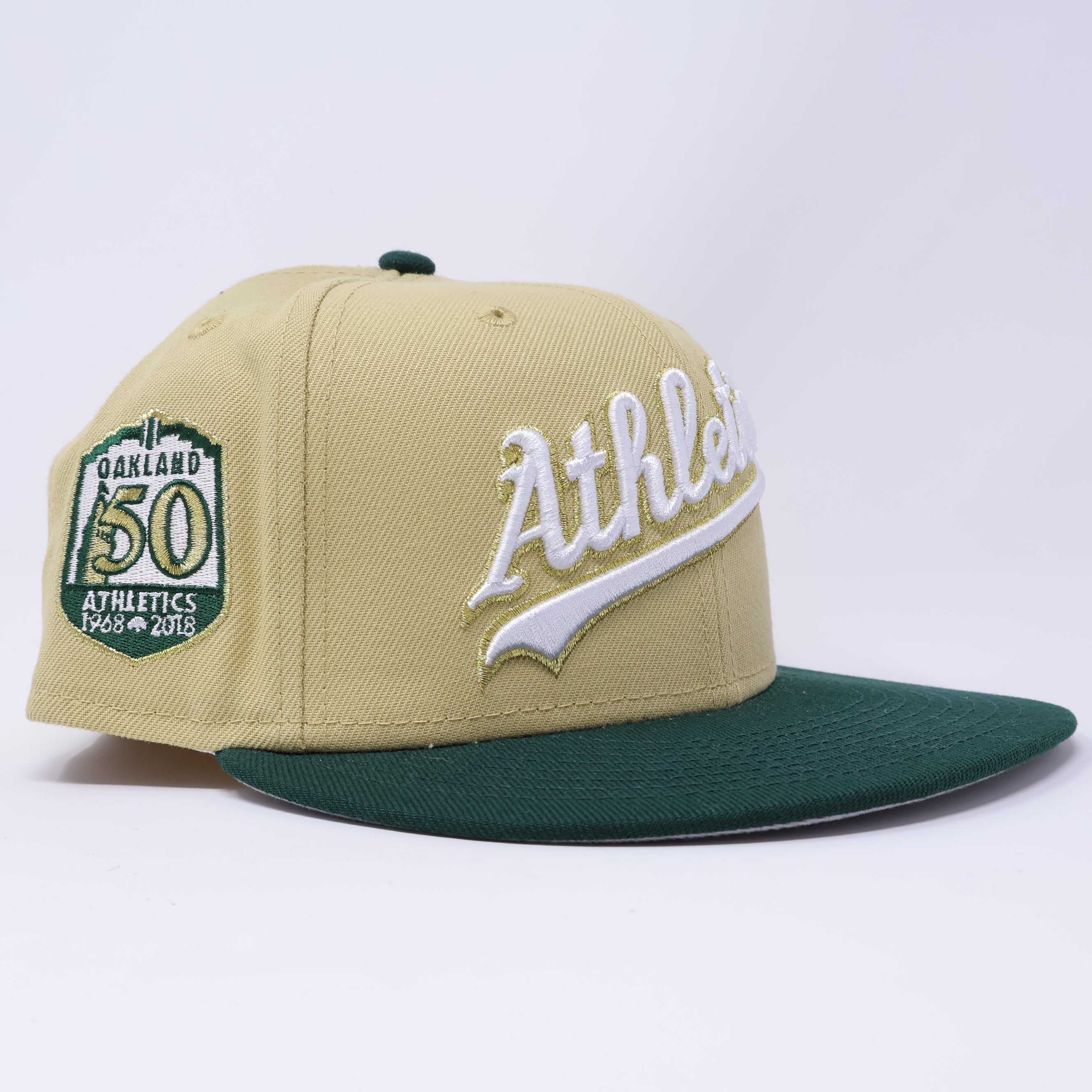 USED 1/8 Khaki Oakland Athletics 50th Anniversary 59fifty New Era Fitted Hat Cap