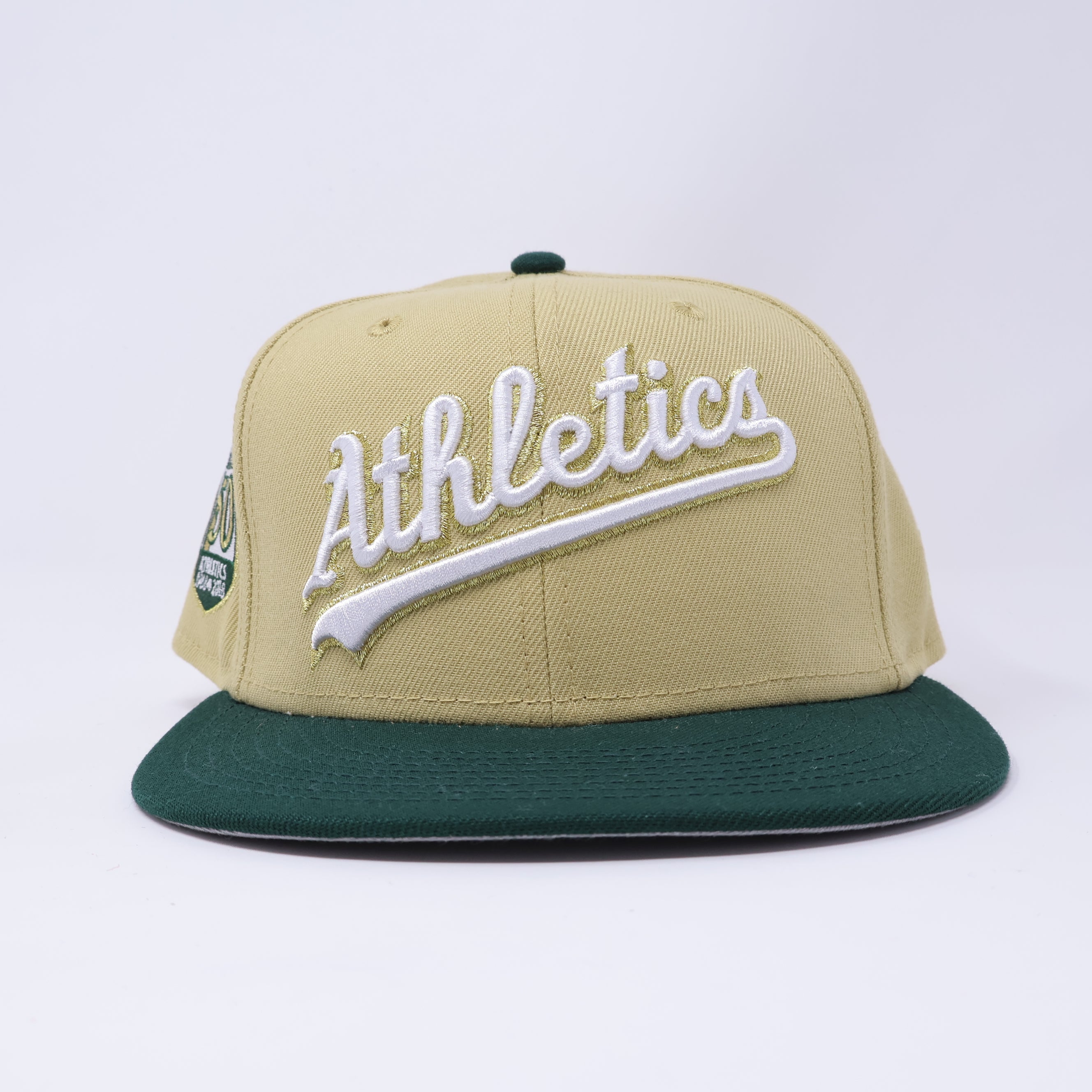 USED 1/8 Khaki Oakland Athletics 50th Anniversary 59fifty New Era Fitted Hat Cap