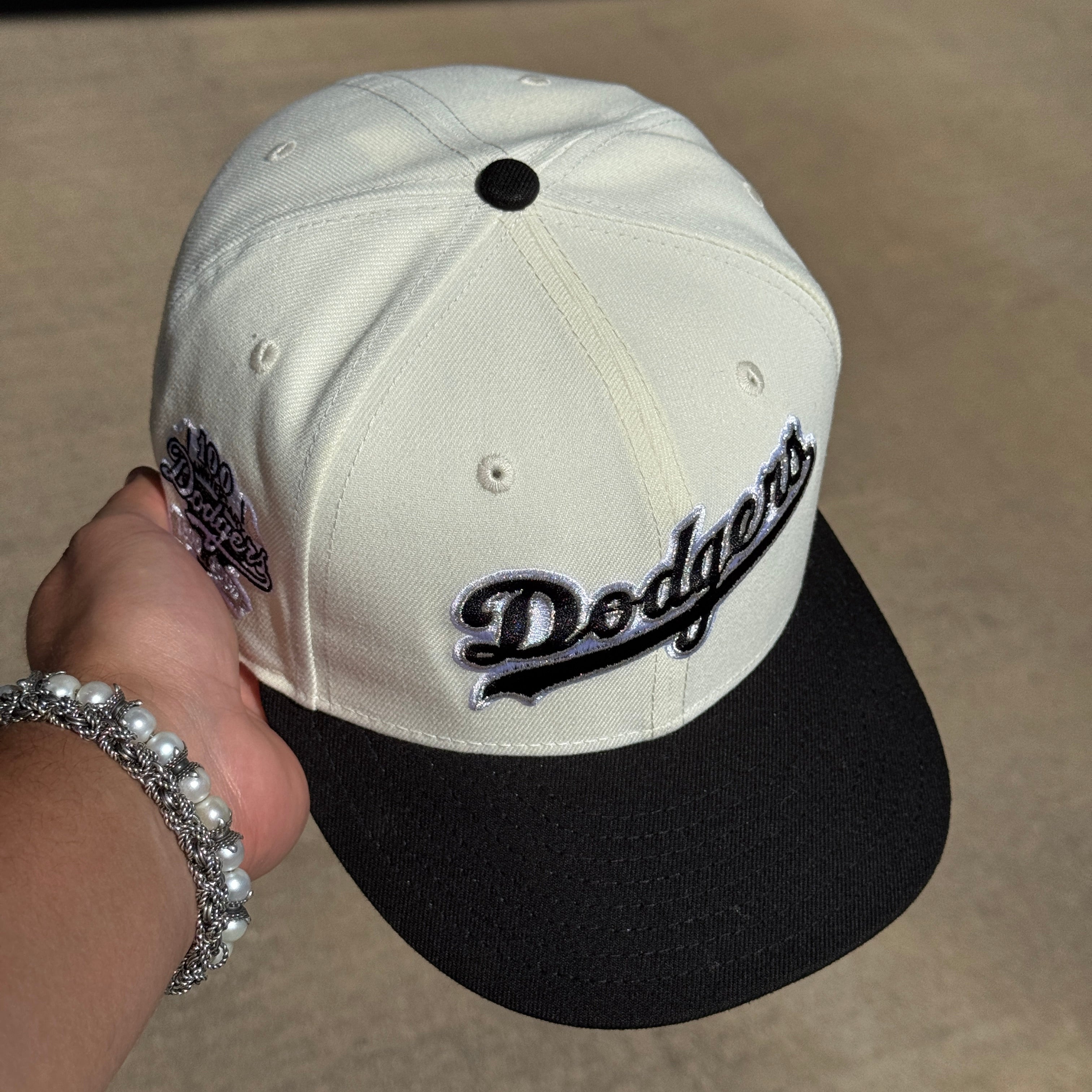 USED 5/8 Chrome Los Angeles Dodgers 100th Anniversary 59fifty New Era Fitted Hat Cap