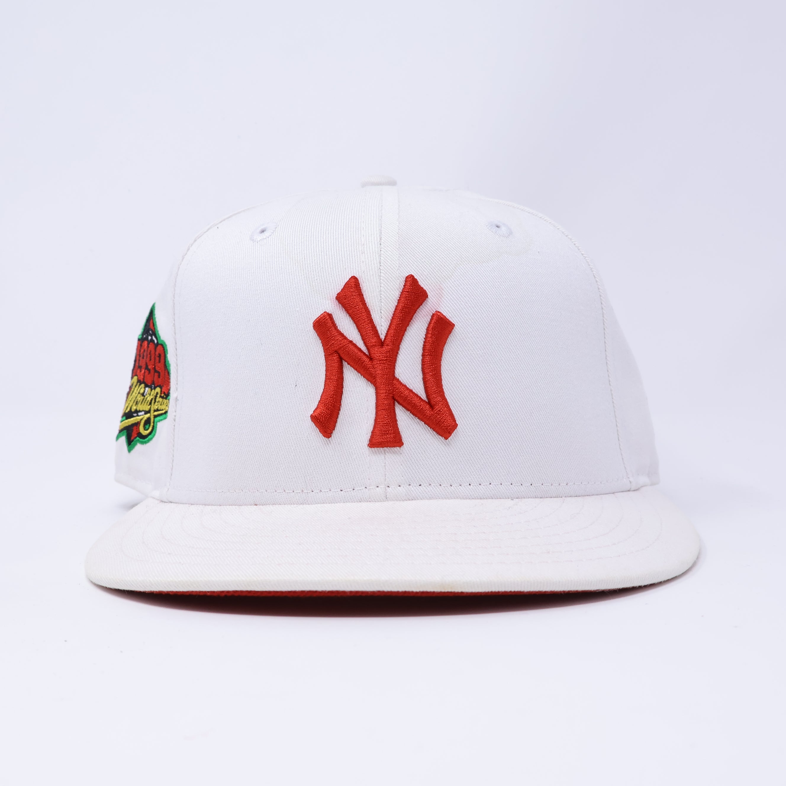 USED 7 White New York Yankees 1999 World Series 59fifty New Era Fitted Hat Cap